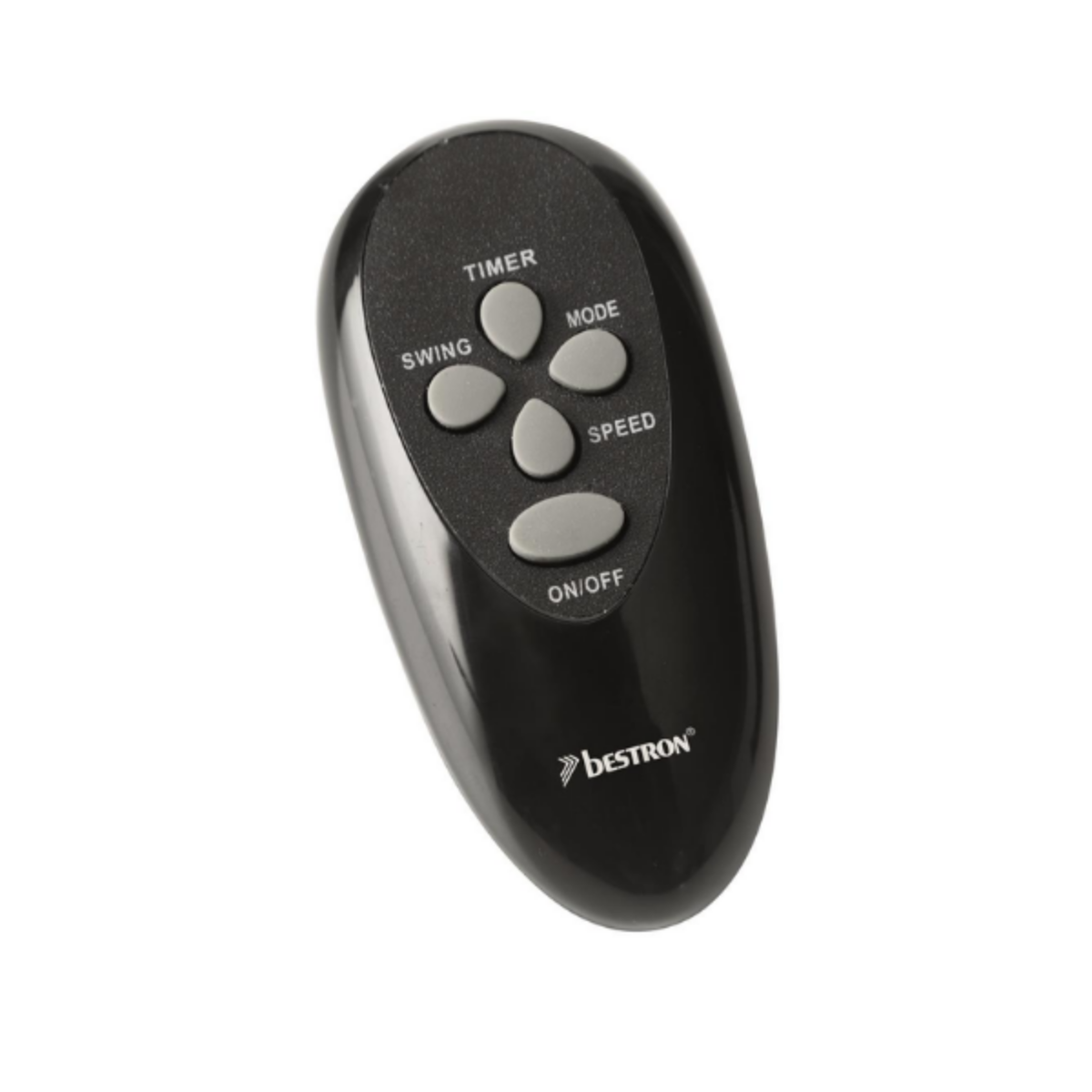 Un telecomando nero con pulsanti per timer, oscillazione, modalità, velocità e on/off.