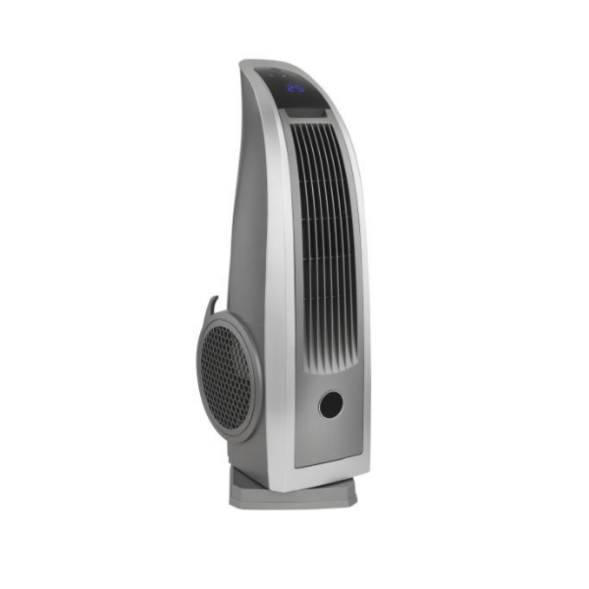 Ventilatore alto, argento e grigio, con ventola laterale, sfondo bianco.