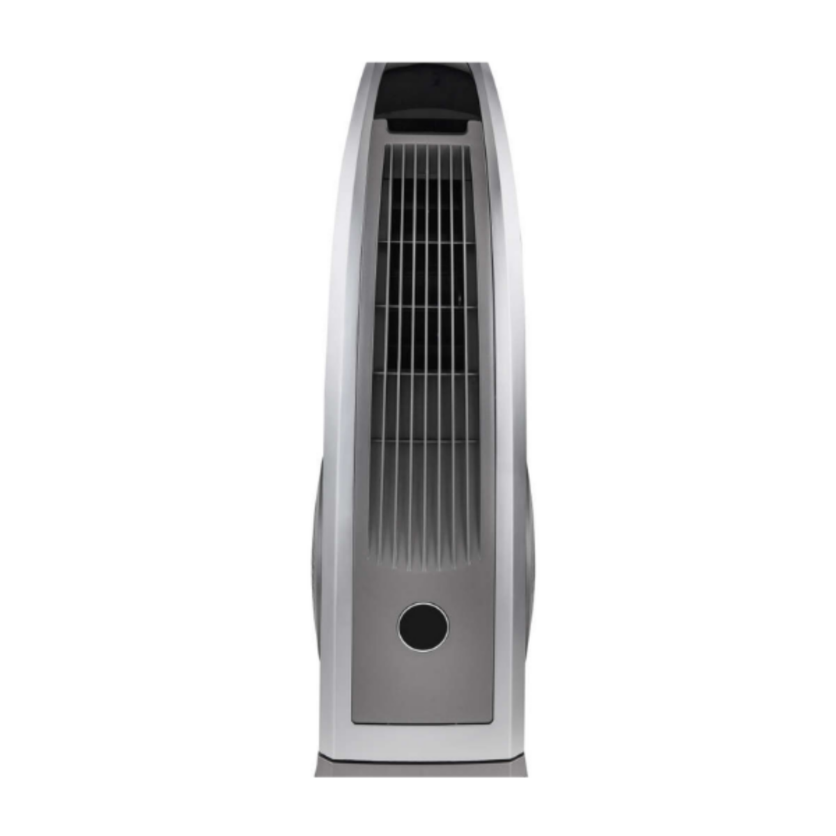 Ventilatore alto, argento e grigio. Vista frontale mostra lame verticali e cerchio nero.