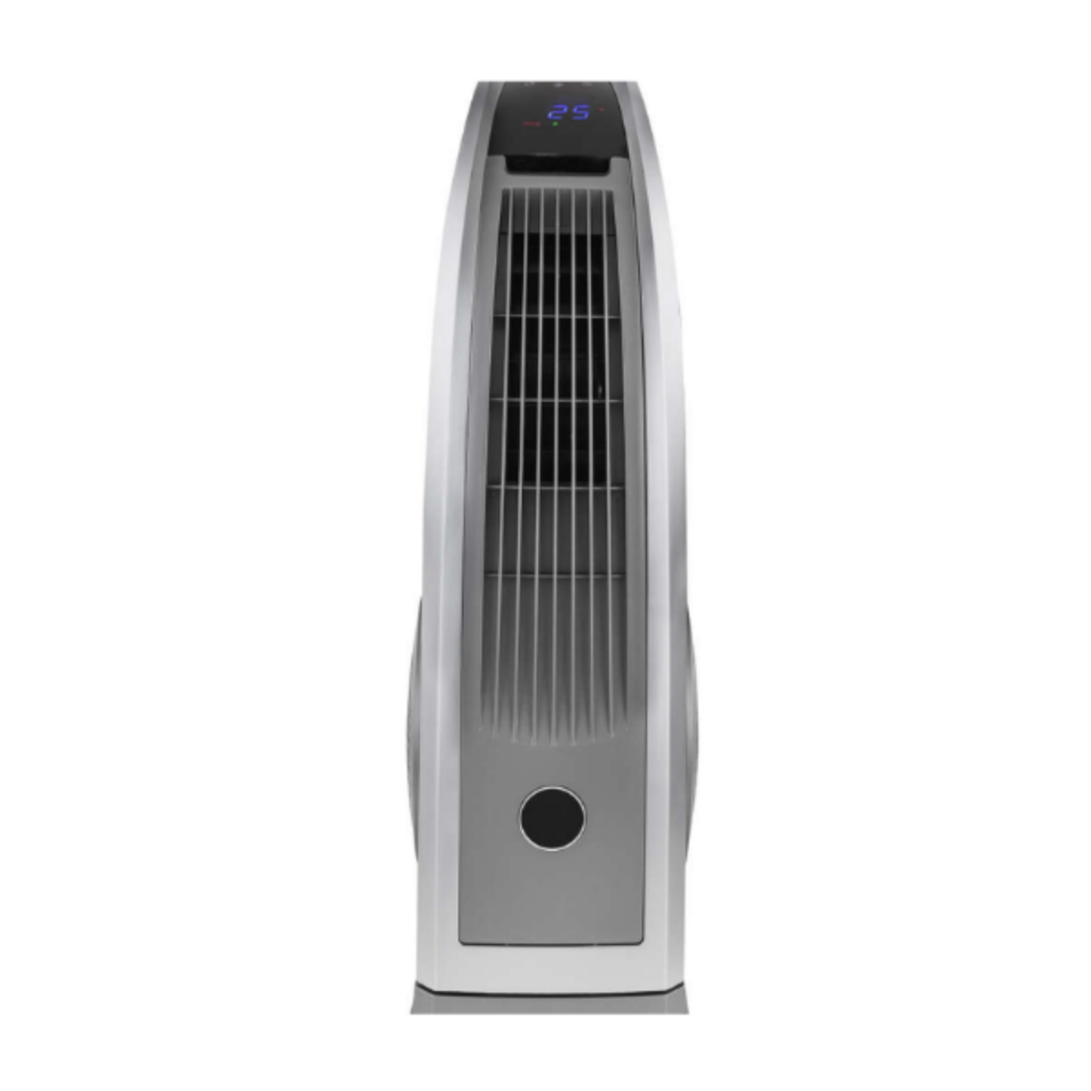 Ventilatore alto, argento e grigio. Vista frontale mostra lame verticali e display digitale.