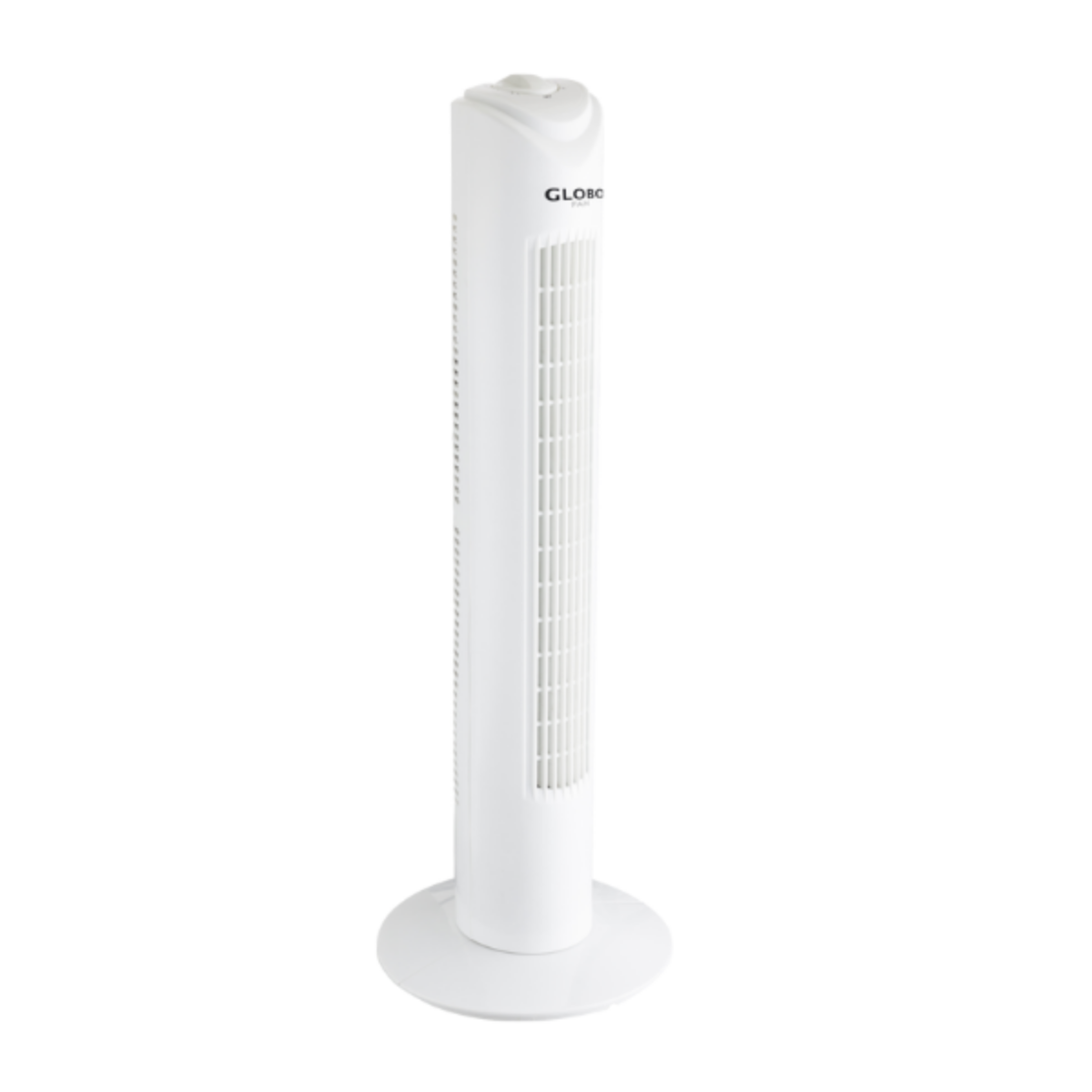 Un ventilatore a torre bianco su una base bianca. Ha lamelle verticali.