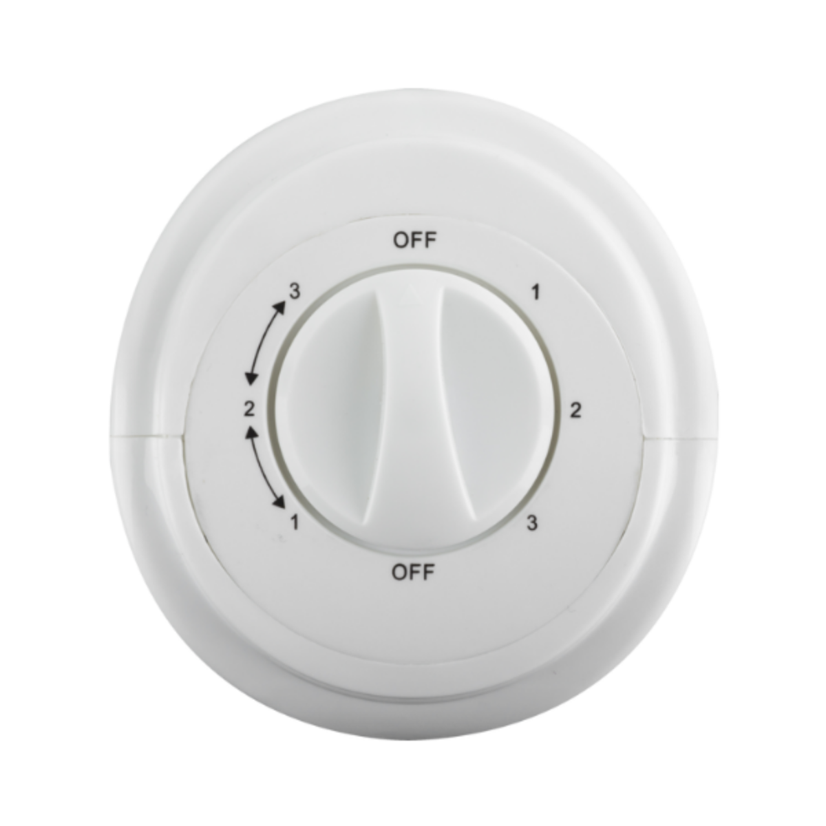 Un quadrante bianco con numeri e frecce si trova su una base bianca del ventilatore.