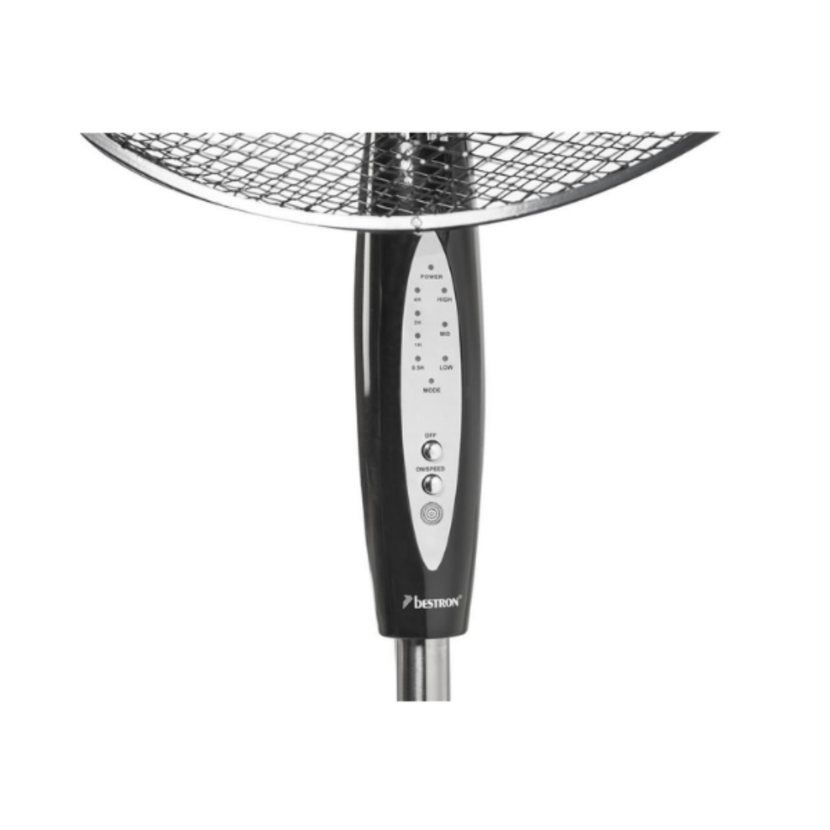Czarny wentylator stojący Bestron, pokazujący panel sterowania i głowicę wentylatora.