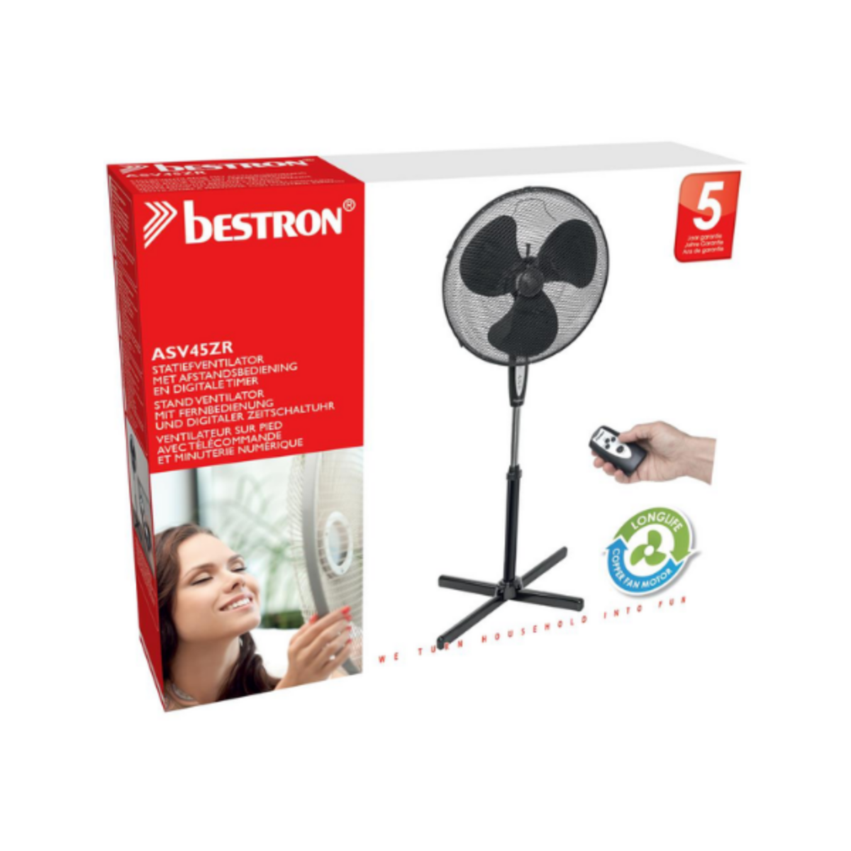 Wentylator skrzynkowy z tekstem, uśmiechnięta kobieta.