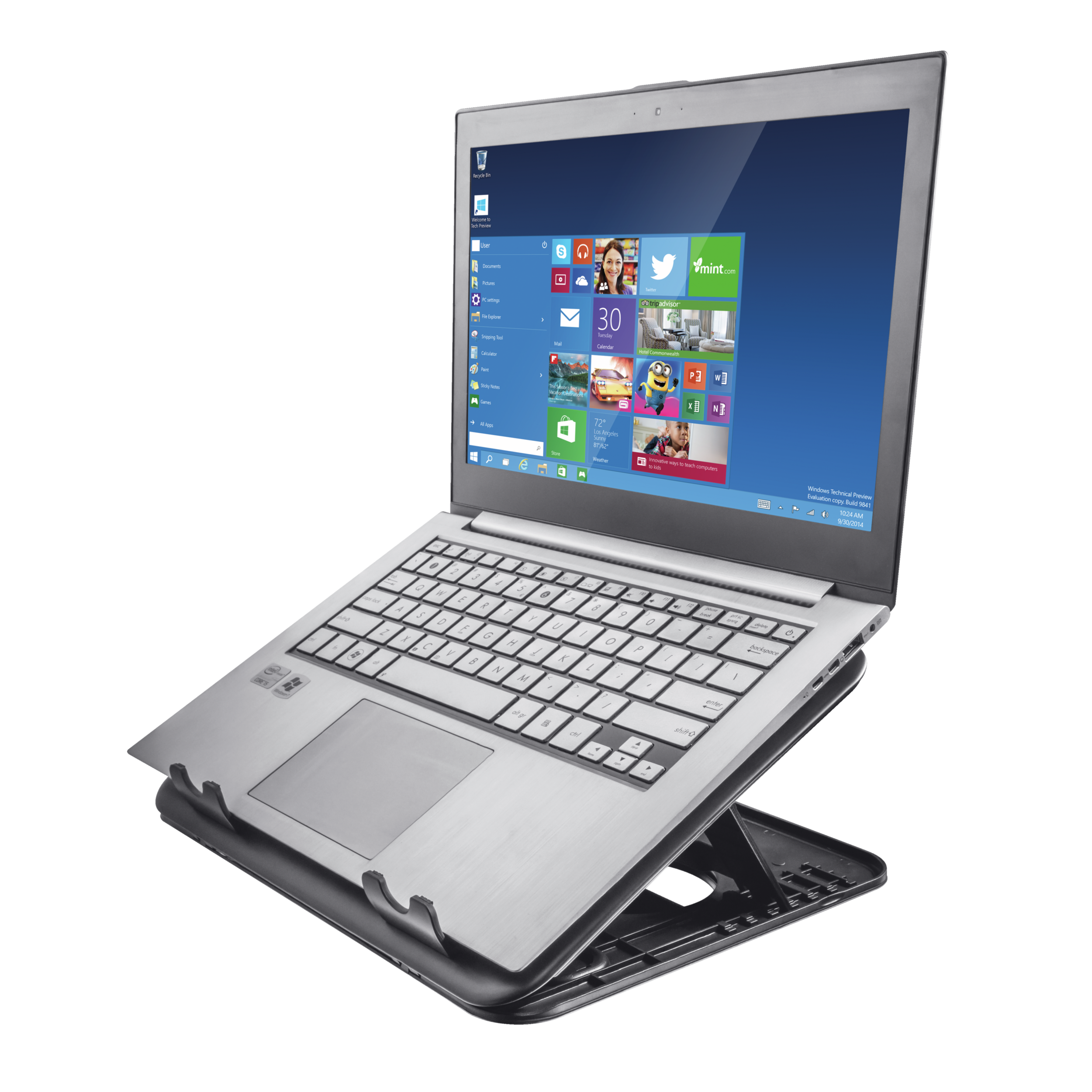 Laptop auf einem Ständer. Der Bildschirm zeigt eine Windows-Oberfläche. Der Laptop ist geöffnet.