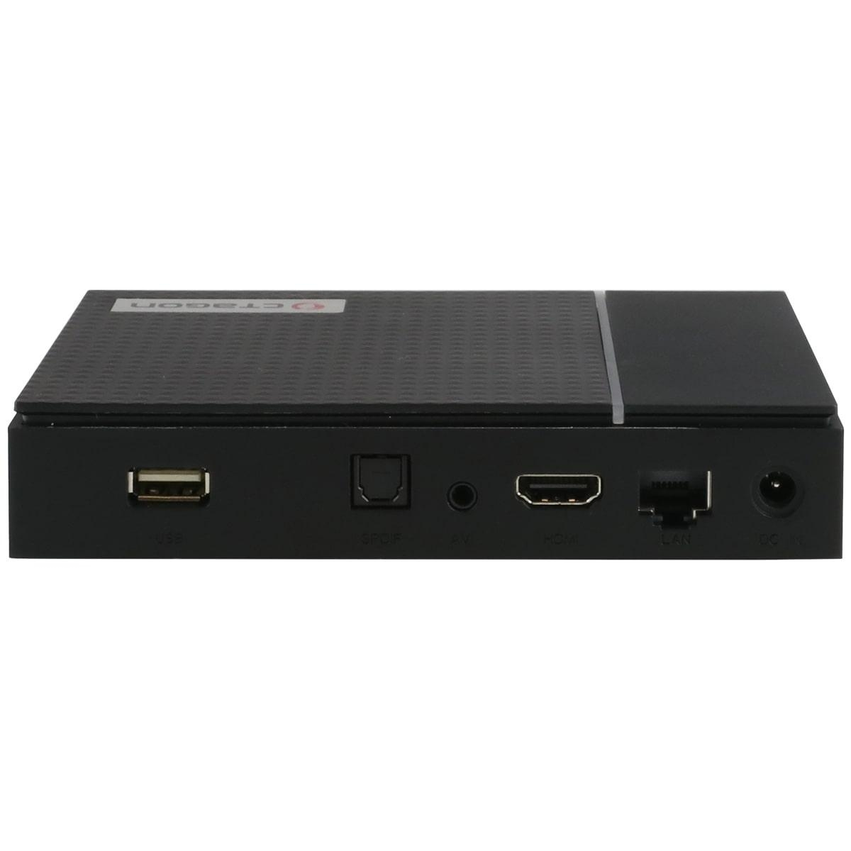 Eine schwarze Set-Top-Box mit verschiedenen Anschlüssen: USB, SPDIF, AV, HDMI, LAN, DC IN.