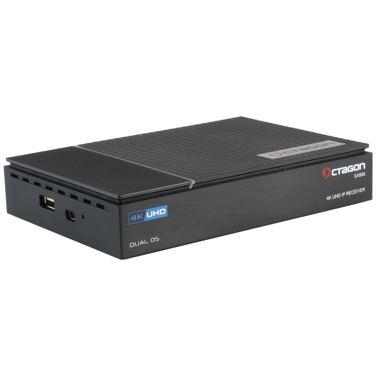 Schwarzer Octagon 4K UHD IP-Receiver. Zeigt das Octagon-Logo, 4K UHD- und Dual OS-Etiketten.