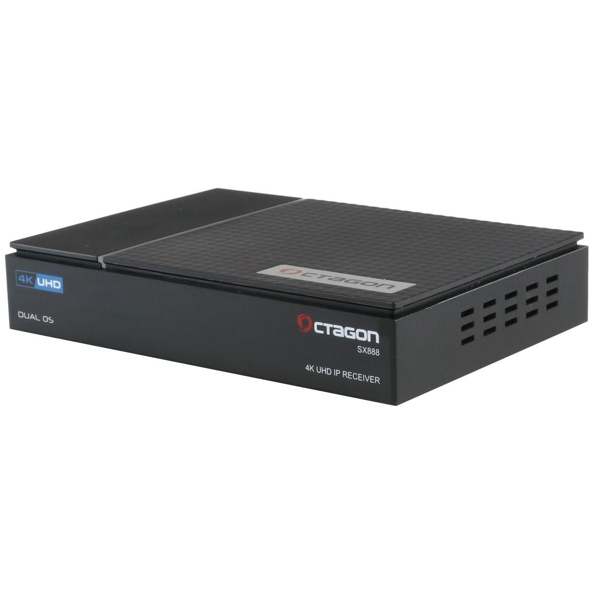 Schwarzer Octagon 4K UHD IP-Receiver, zeigt Octagon-Logo und Modell SX888.