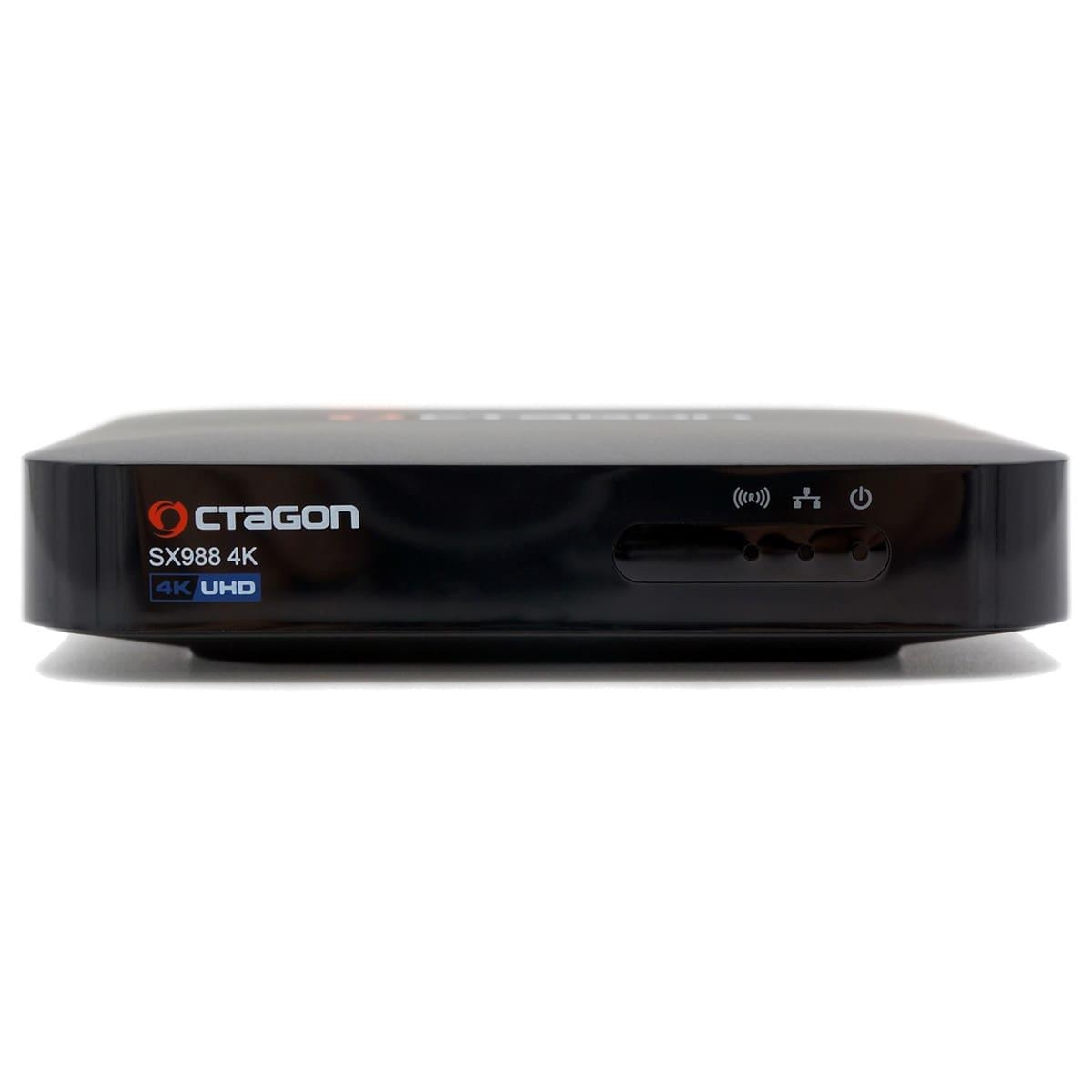 Schwarze Octagon SX988 4K UHD Set-Top-Box, weißer Hintergrund, Frontansicht.