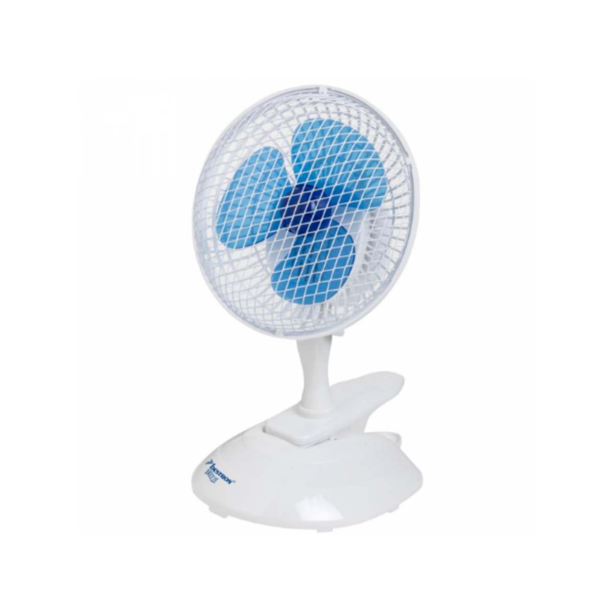 Ventilatore da scrivania bianco con pale blu. Base a clip.