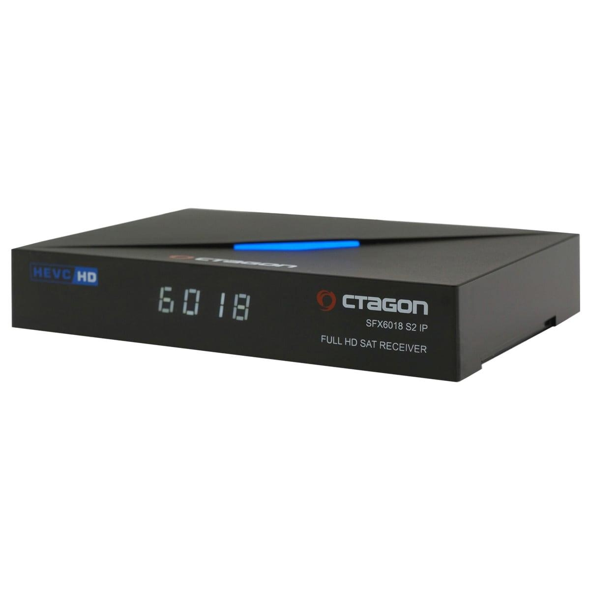 Eine schwarze Set-Top-Box mit blauem Licht und Zahlen.