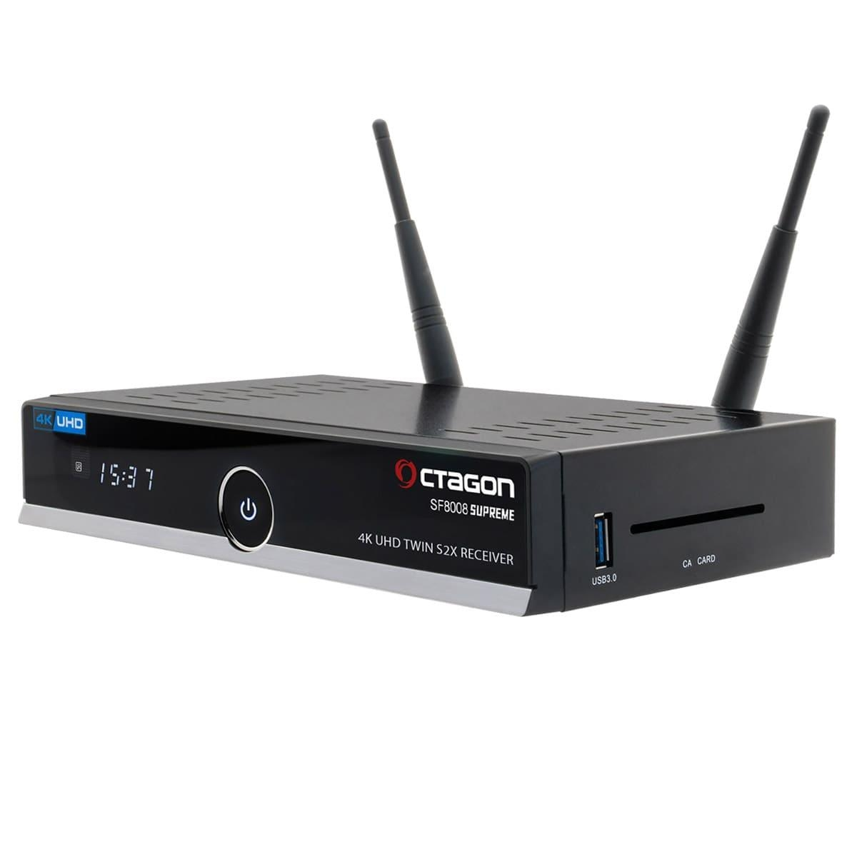 Schwarze Set-Top-Box mit Antennen. Der Markenname 'OCTAGON' ist sichtbar. Es hat ein Display und Knöpfe.