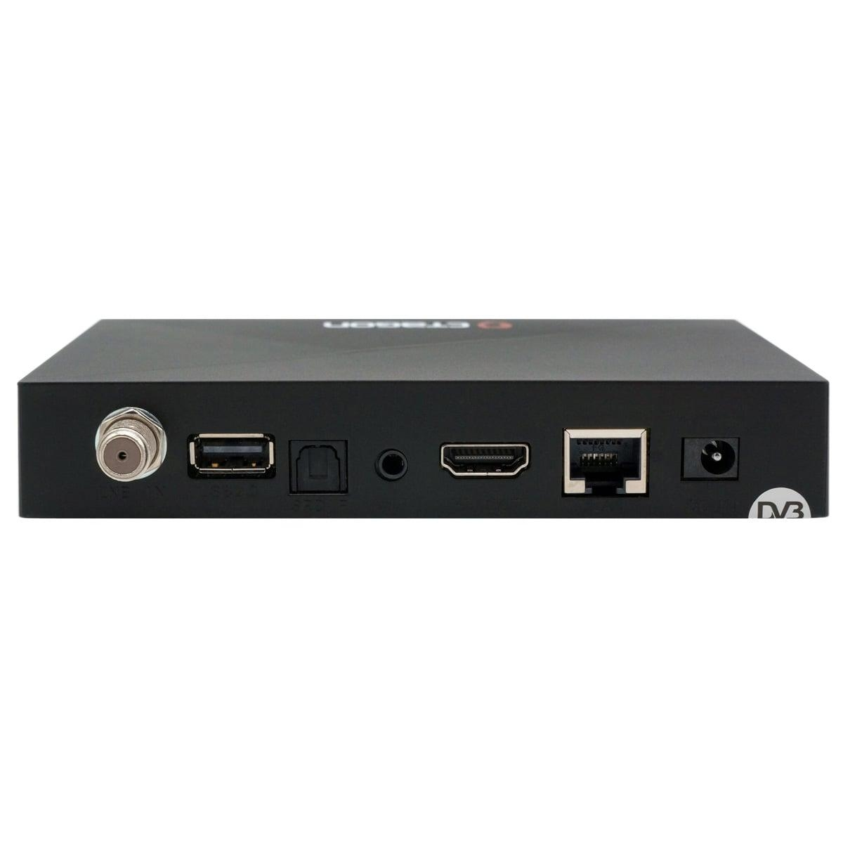 Ein schwarzer digitaler Receiver mit verschiedenen Anschlüssen auf der Rückseite: Antenne, USB, optisch, HDMI, Ethernet und Strom.