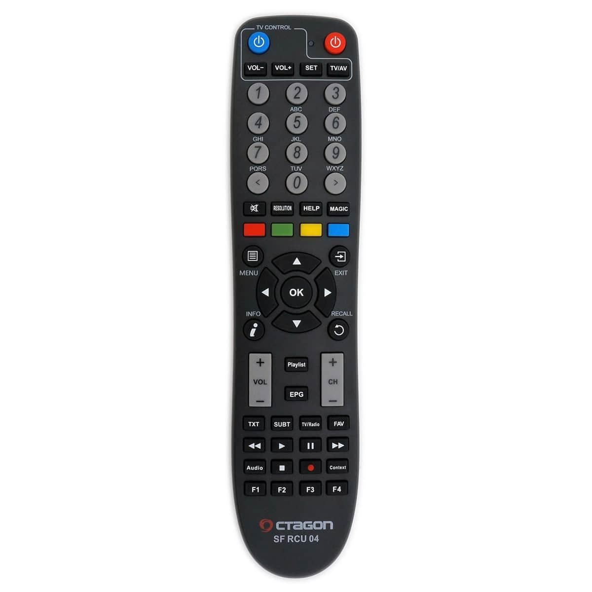 Schwarze Fernbedienung mit Tasten, einschließlich Zahlen, und TV-Steuerungsfunktionen.