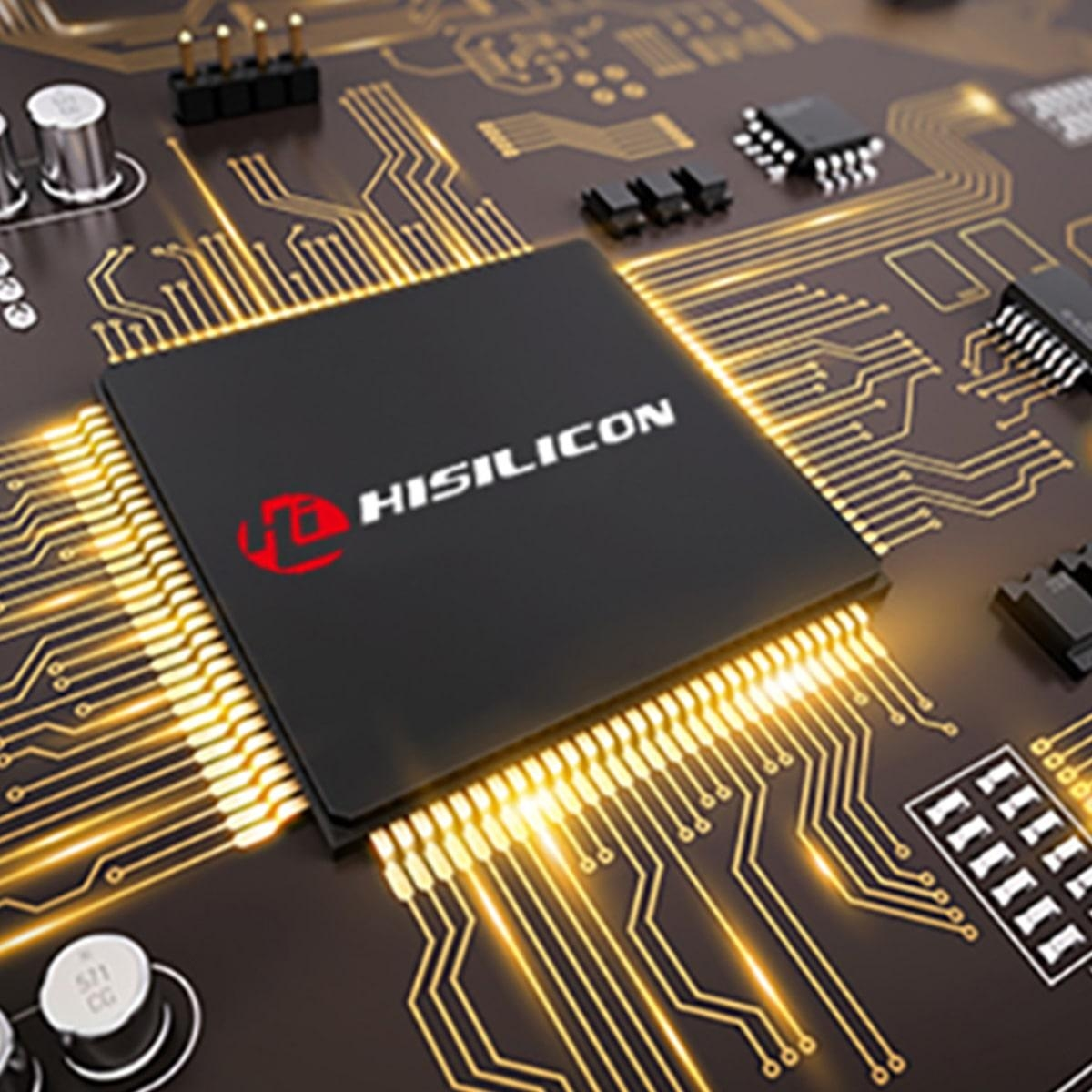 Ein schwarzer Computerchip mit dem HISILICON-Logo auf einer goldenen Leiterplatte.