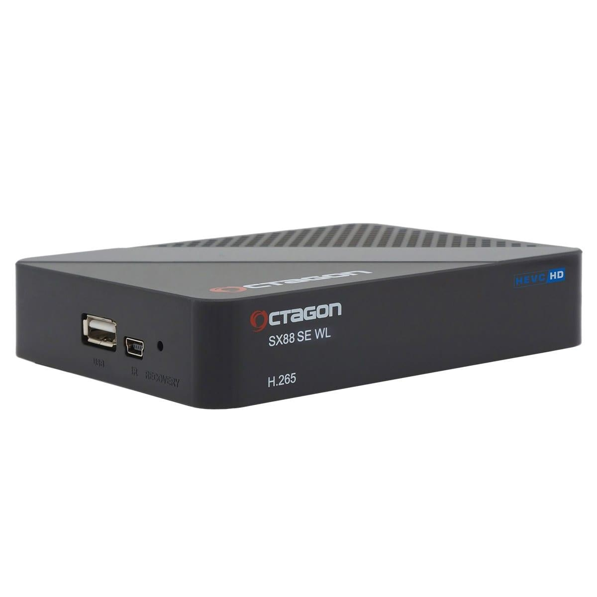 Eine schwarze Octagon SX88 SE WL Receiverbox. Die Box hat USB- und andere Anschlüsse.
