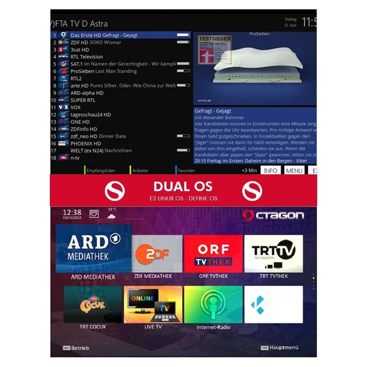 TV-Bildschirm mit Menüs und Programminformationen. Mehrere Kanäle und Details angezeigt.