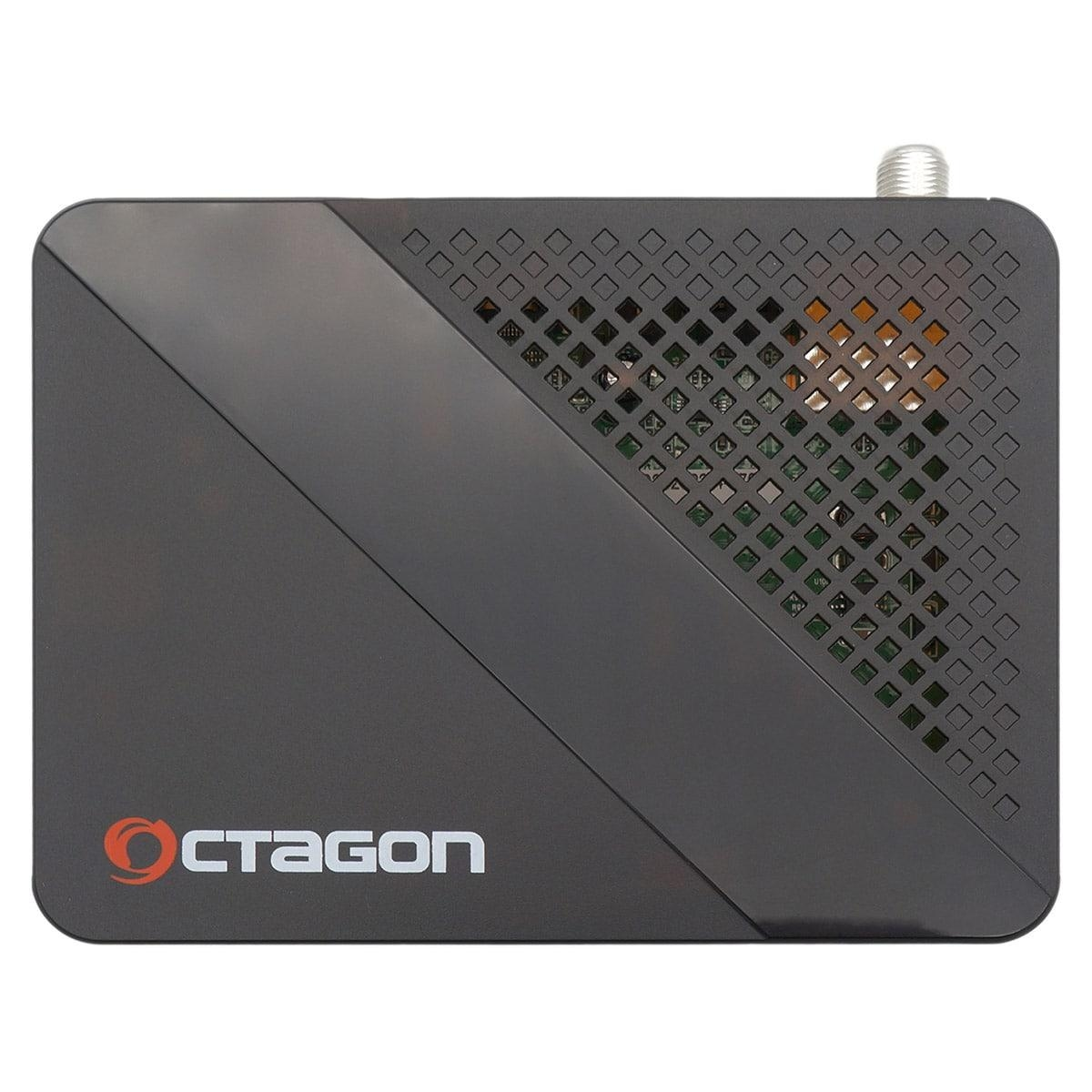 Ein schwarzer Octagon Digital-Receiver mit diagonal gestaltetem Frontpanel.