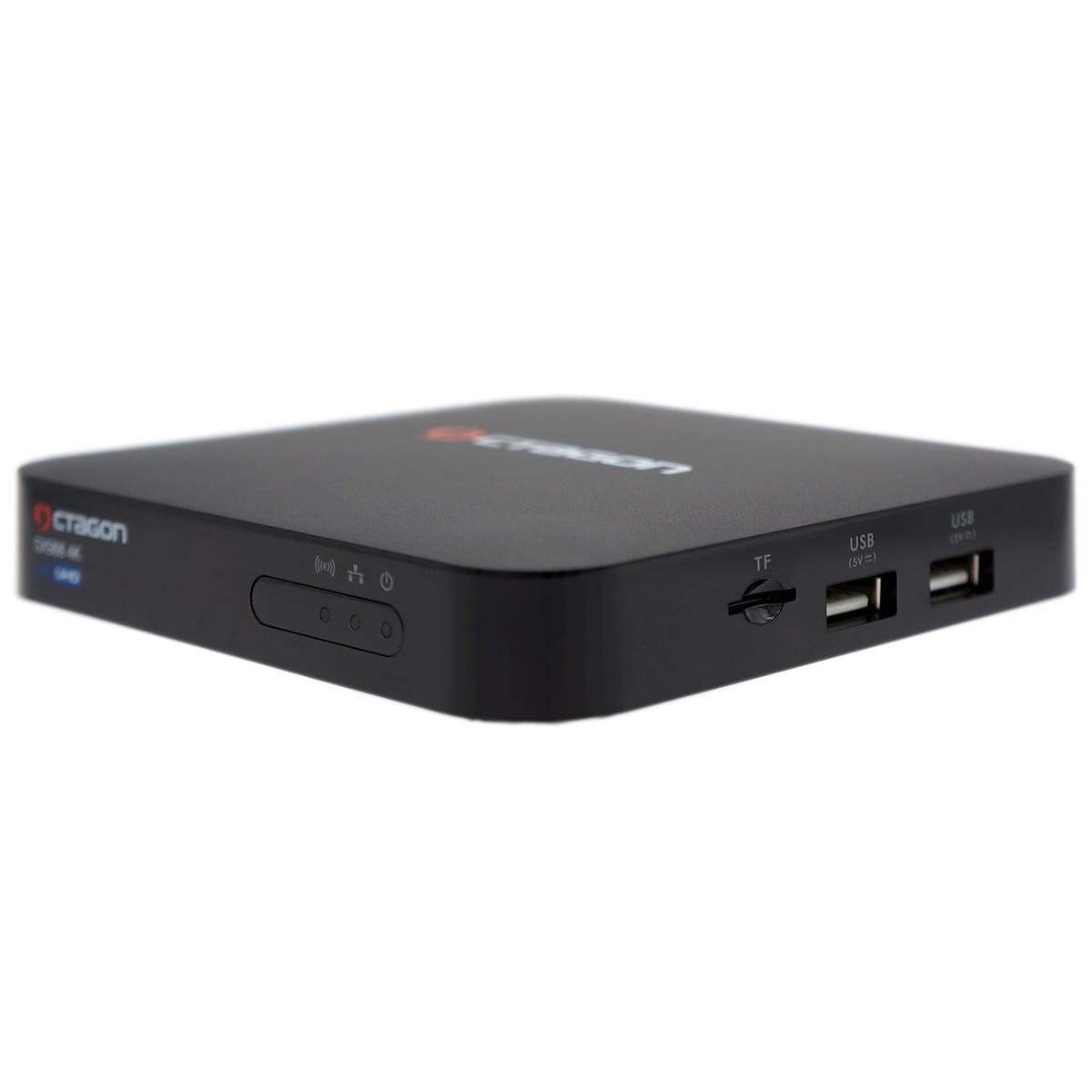 Eine schwarze Octagon TV-Box mit Anschlüssen für USB und TF. Das Octagon-Logo befindet sich oben links.