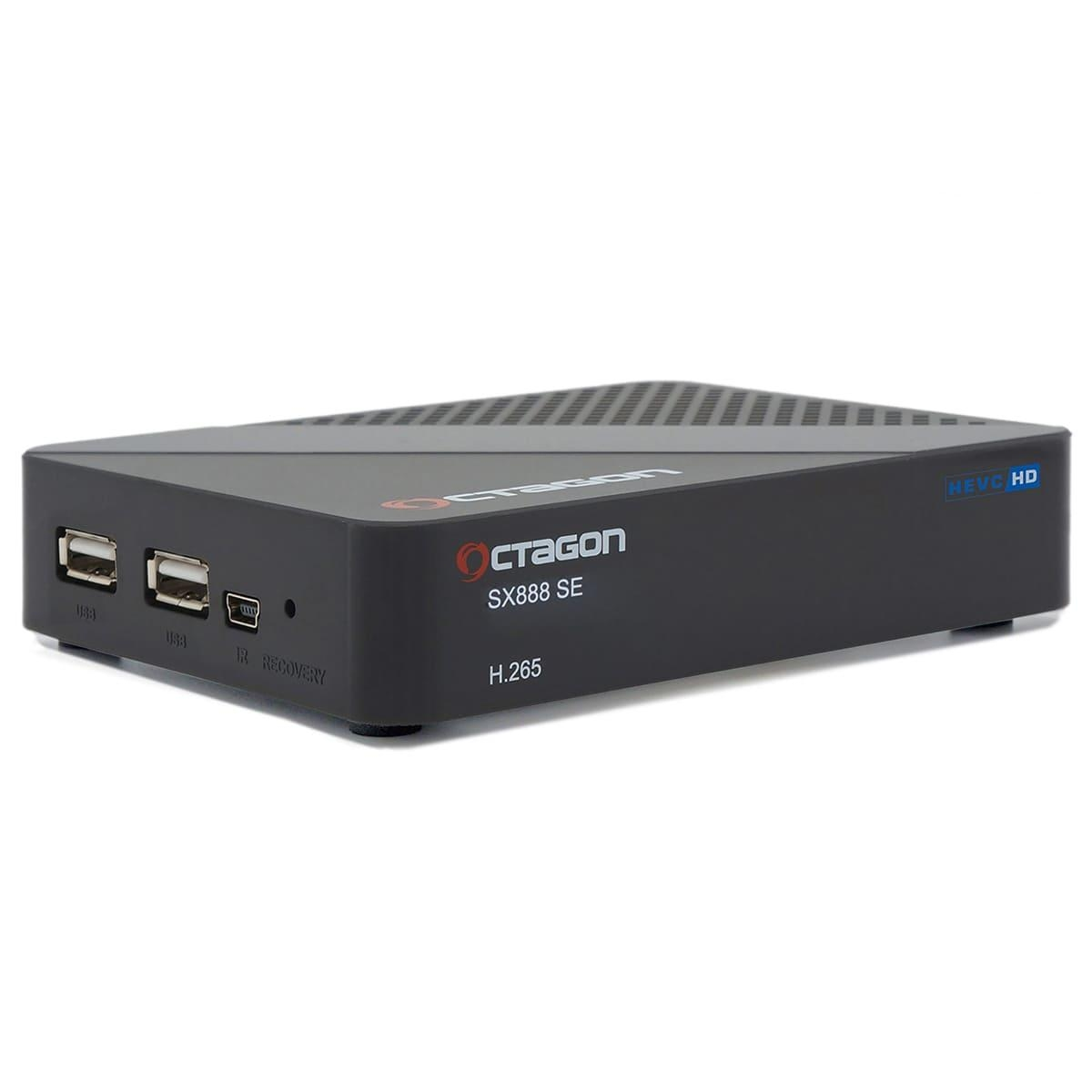 Schwarze Octagon SX888 SE Receiver-Box mit USB-Anschlüssen, Beschriftungen und HEVC HD-Logo.