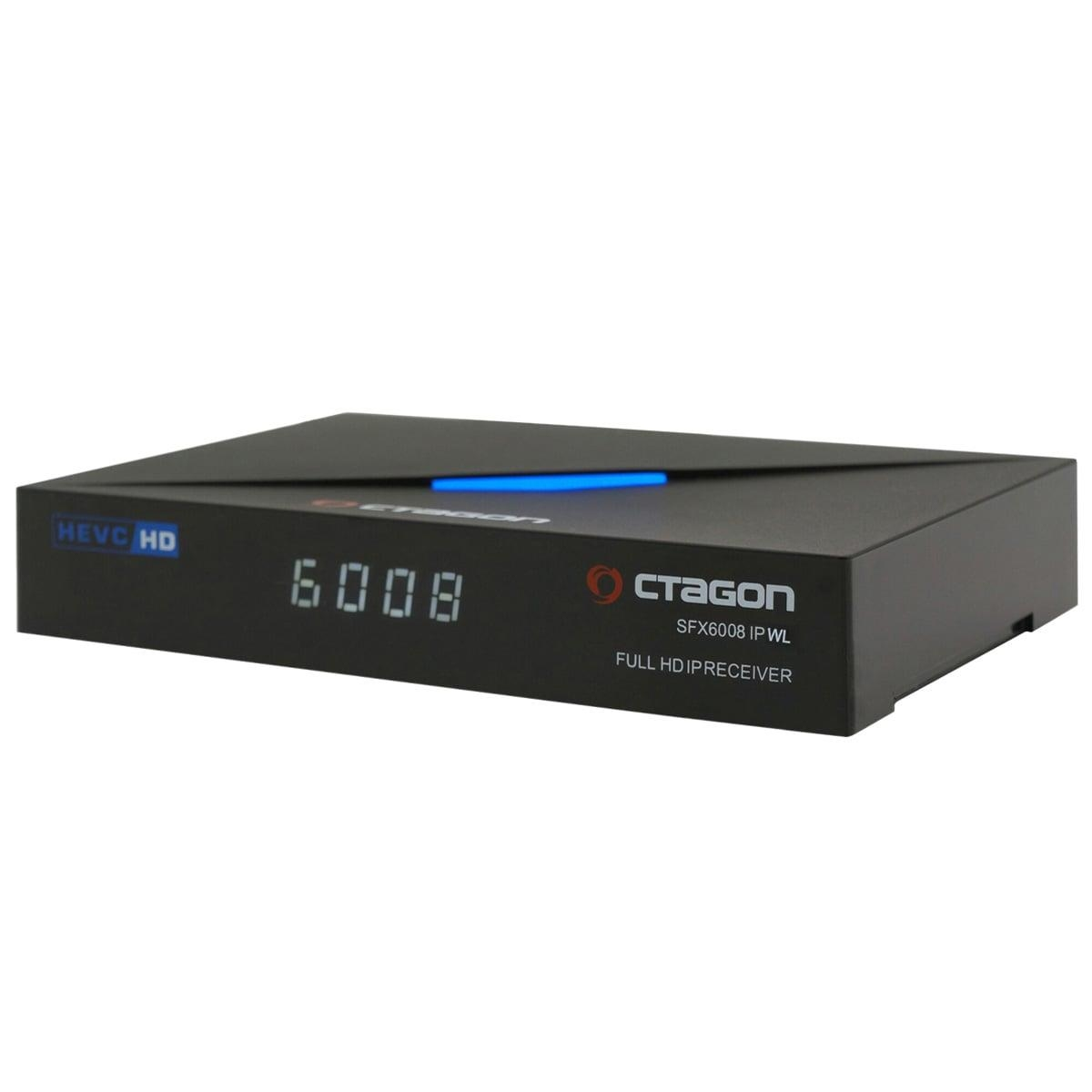 Schwarzer Octagon SFX6008 IP WL Full HD IP Receiver mit blauem Lichtstreifen oben und weißen Ziffern.