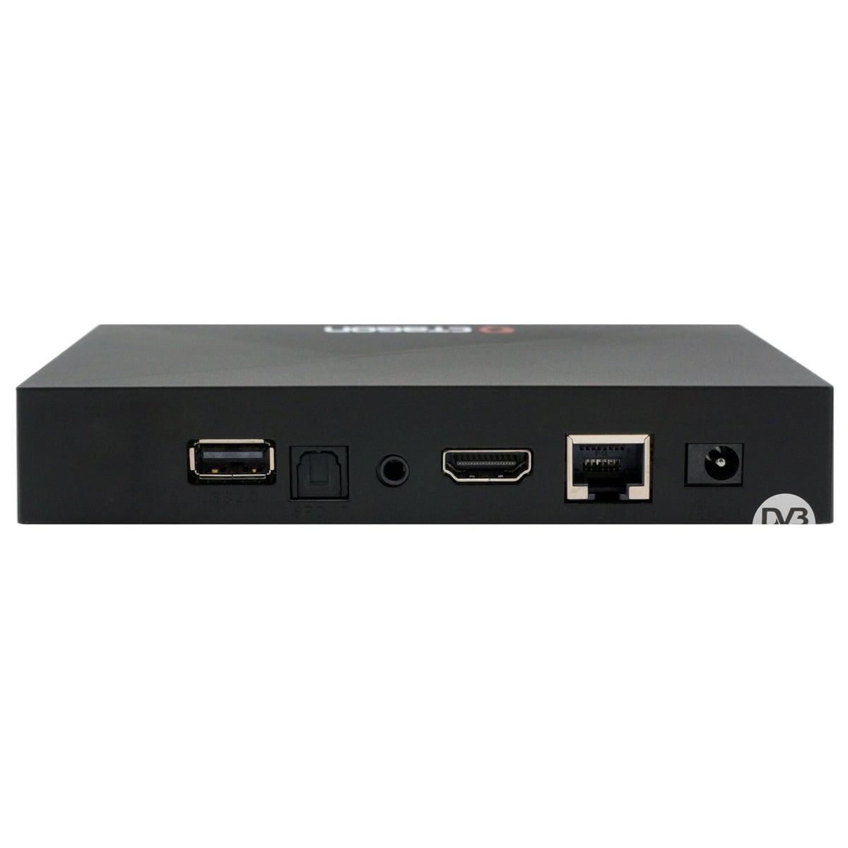 Schwarzer digitaler Receiver mit verschiedenen Anschlüssen auf der Rückseite.