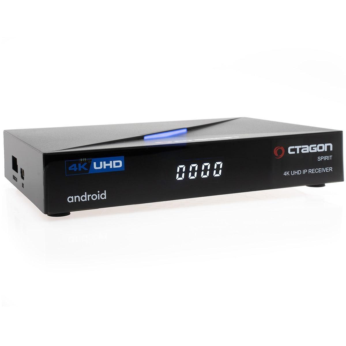 Ein schwarzer IPTV-Receiver mit digitaler Anzeige, der Markenname ist sichtbar.