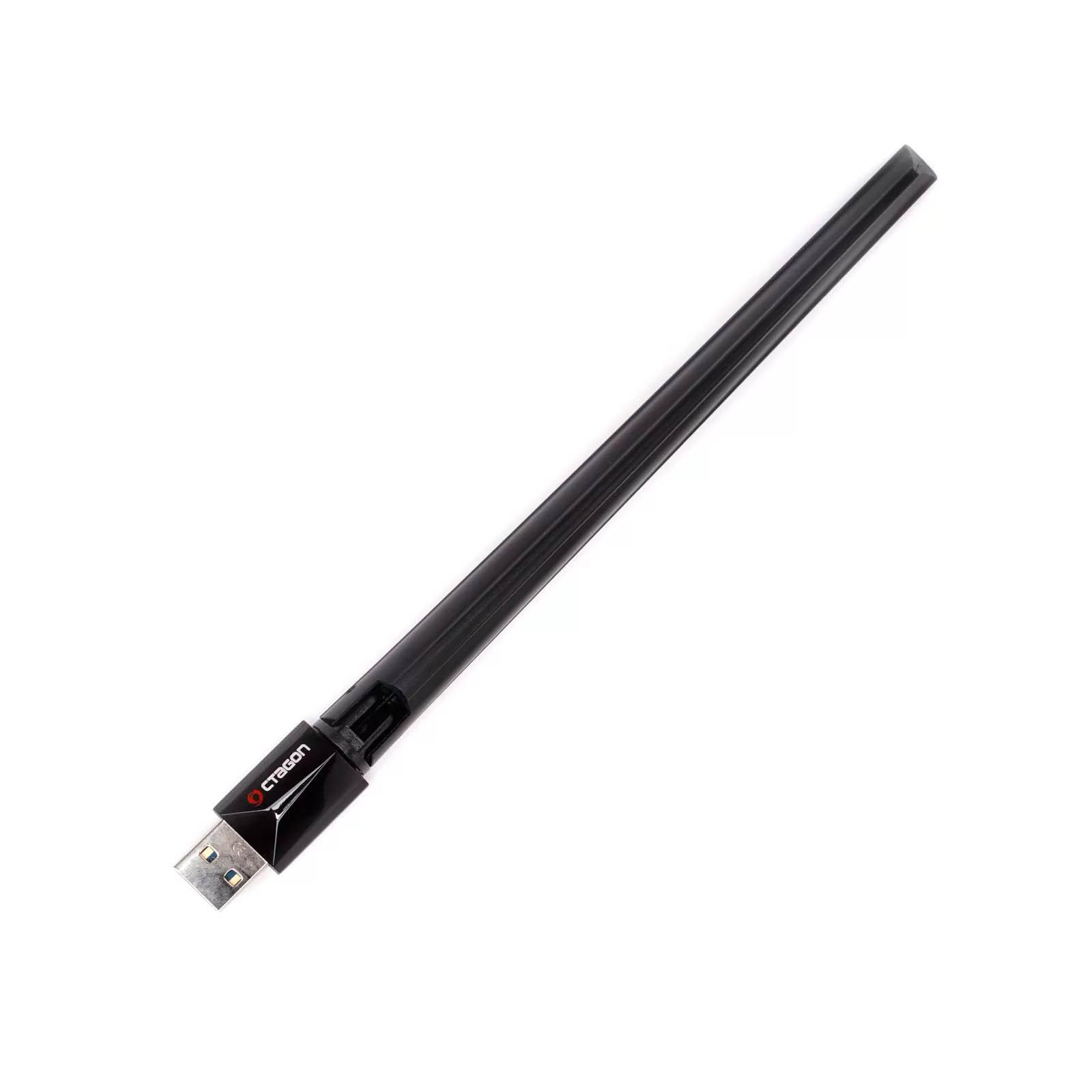 Ein schwarzer USB-WLAN-Adapter mit rotem Logo auf weißem Hintergrund.