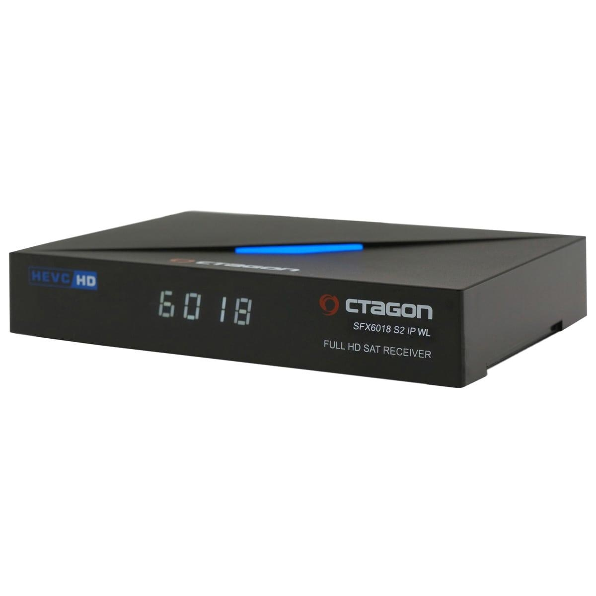 Schwarzer Receiver mit Display, blauem Licht und Logo. Text: SFX6018 S2 IP WL. Weißer Hintergrund.