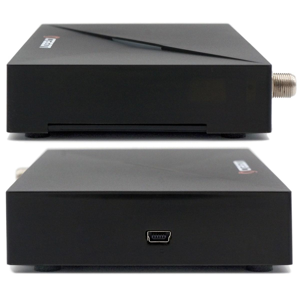 Zwei schwarze Boxen, eine mit Anschluss und eine mit USB-Anschluss, auf weißem Hintergrund.