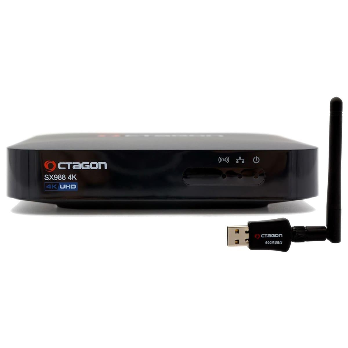 Schwarze Set-Top-Box mit USB-WLAN-Adapter und Antenne.