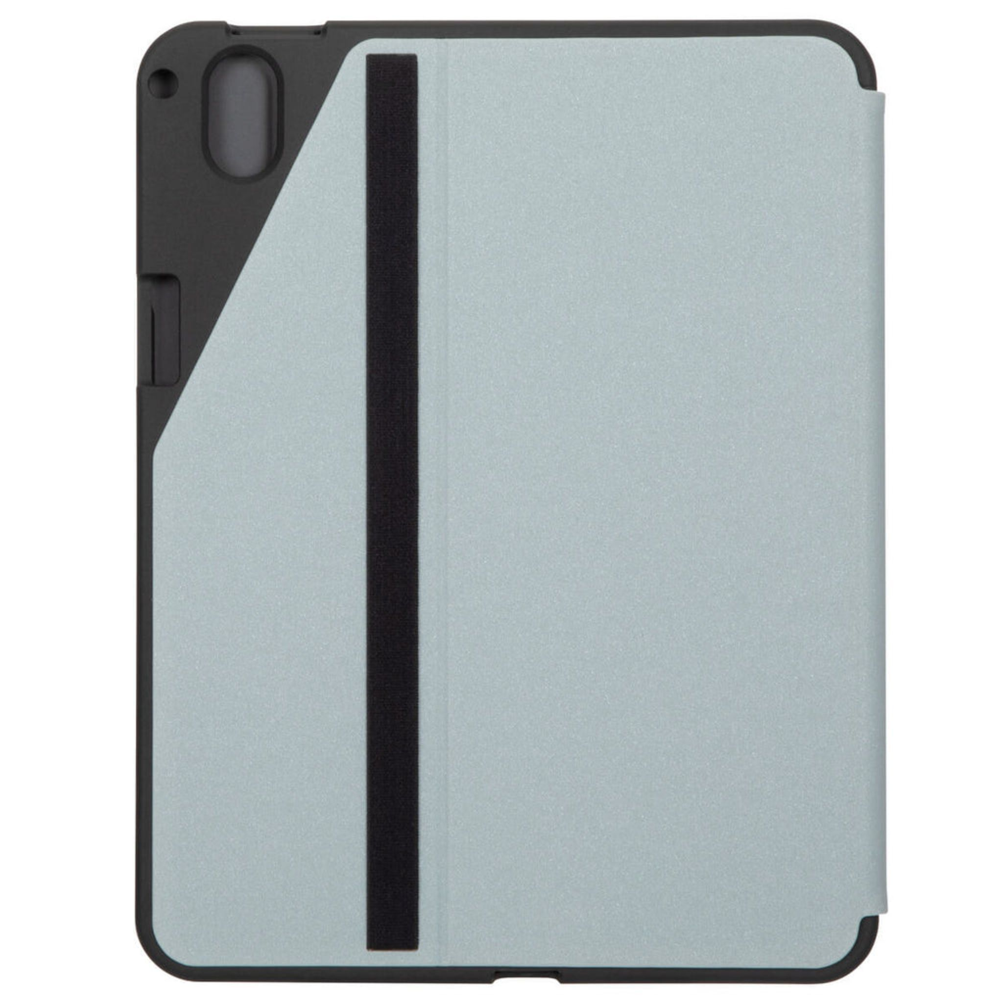 Tablet case, black and light blue, with a black strap. Angled view on white background.
