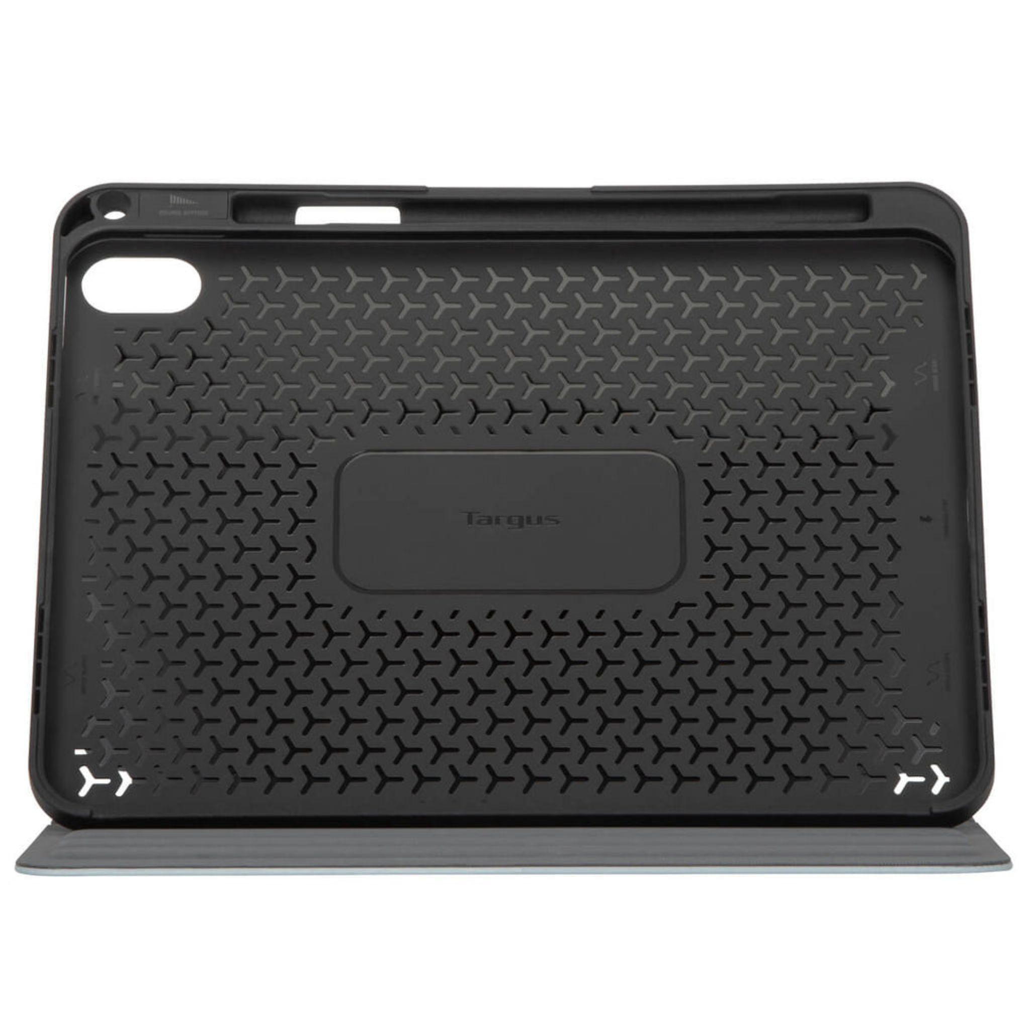 Black tablet case with a geometric pattern and the Targus logo, open to display the interior.