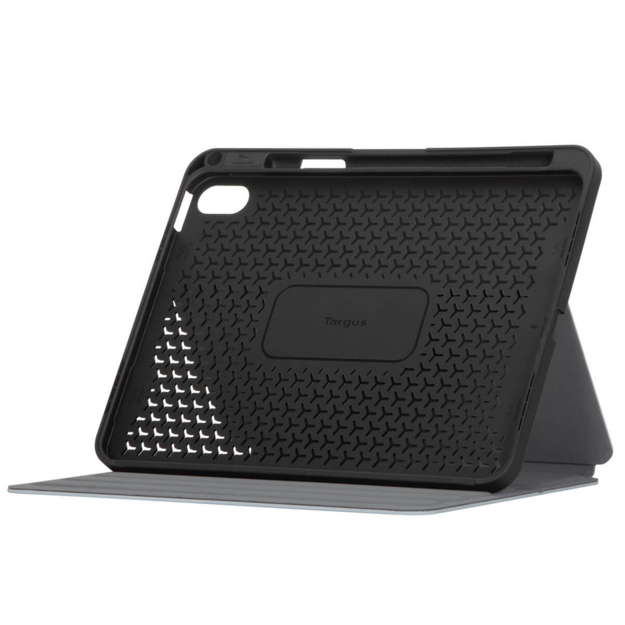 Black and gray tablet case, open, with the inside showing a pattern.