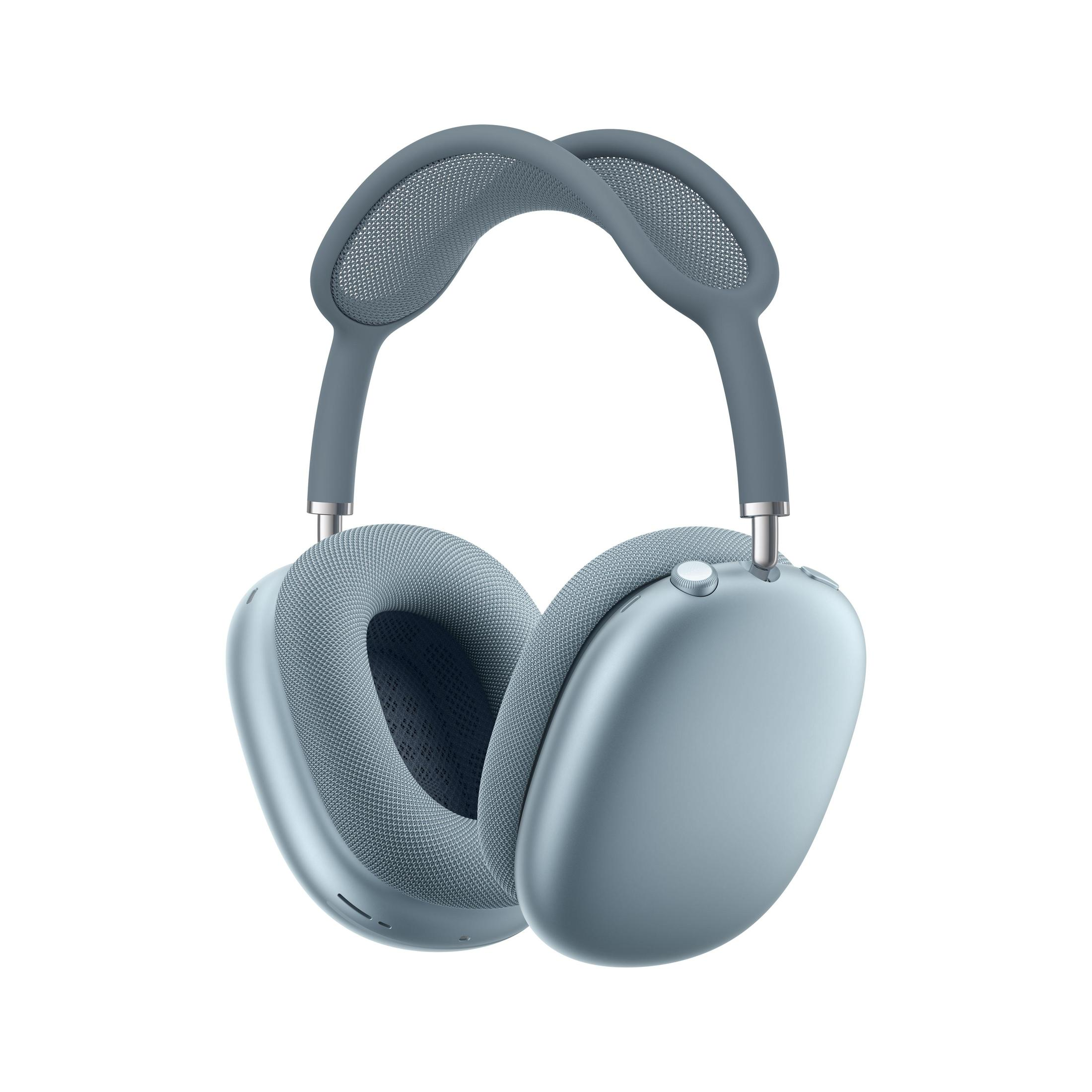 Hellblaue Apple AirPods Max Kopfhörer, isoliert auf Weiß.