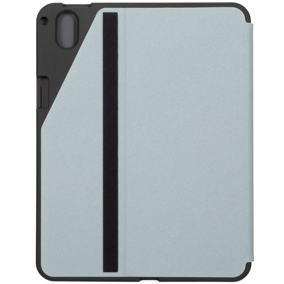 Blue and black tablet case, closed with a black strap. White background.