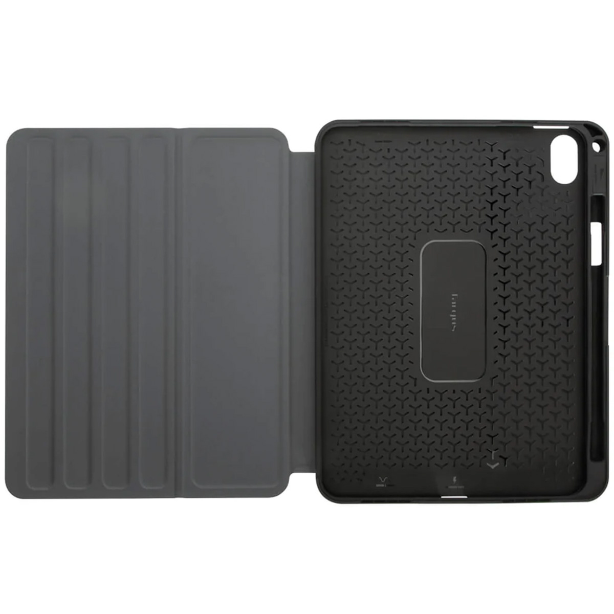 Open iPad case, grey cover on the left, black interior on the right, showing the targus logo.