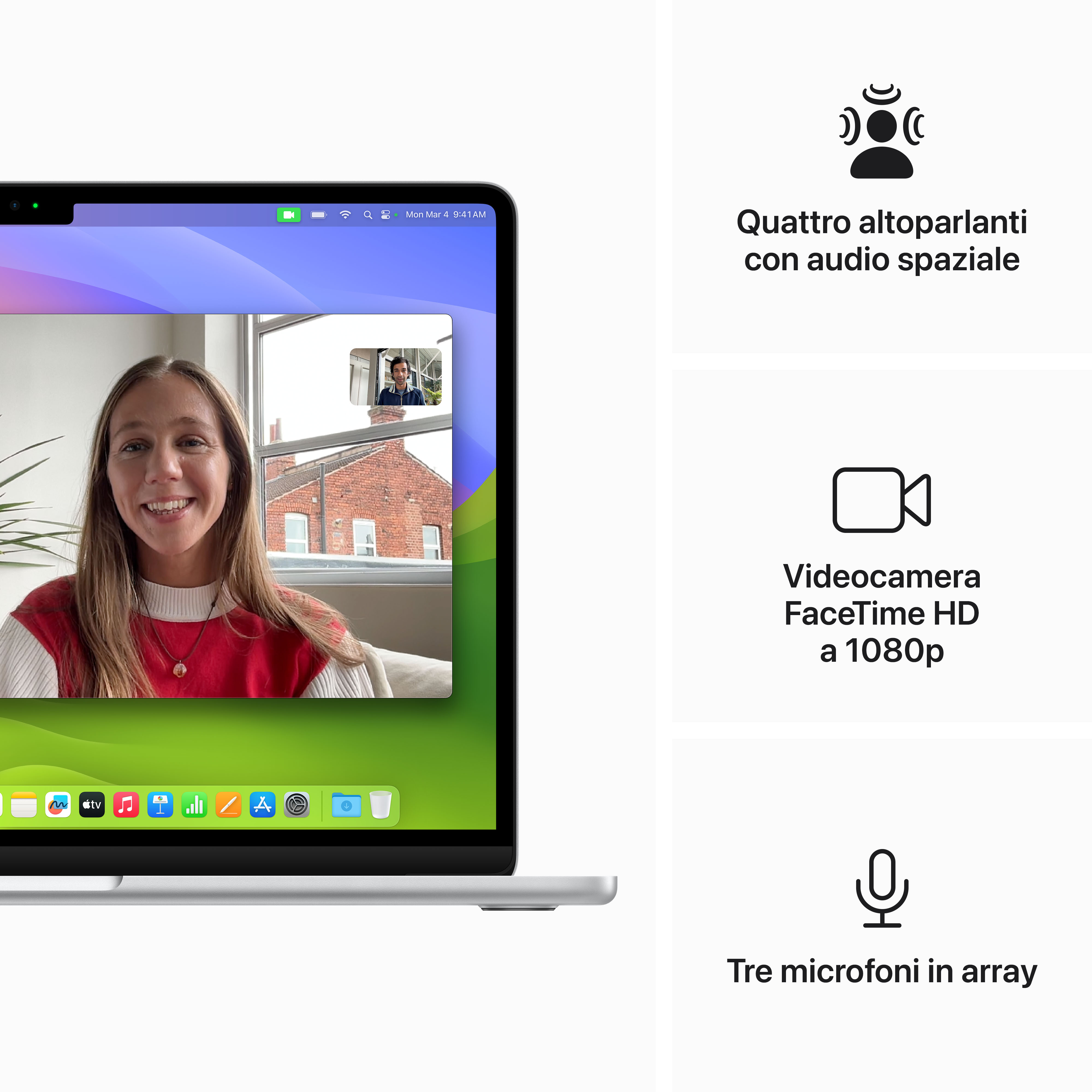 Laptop wyświetla połączenie wideo. Tekst opisuje funkcje: głośniki, kamerę internetową i mikrofony.