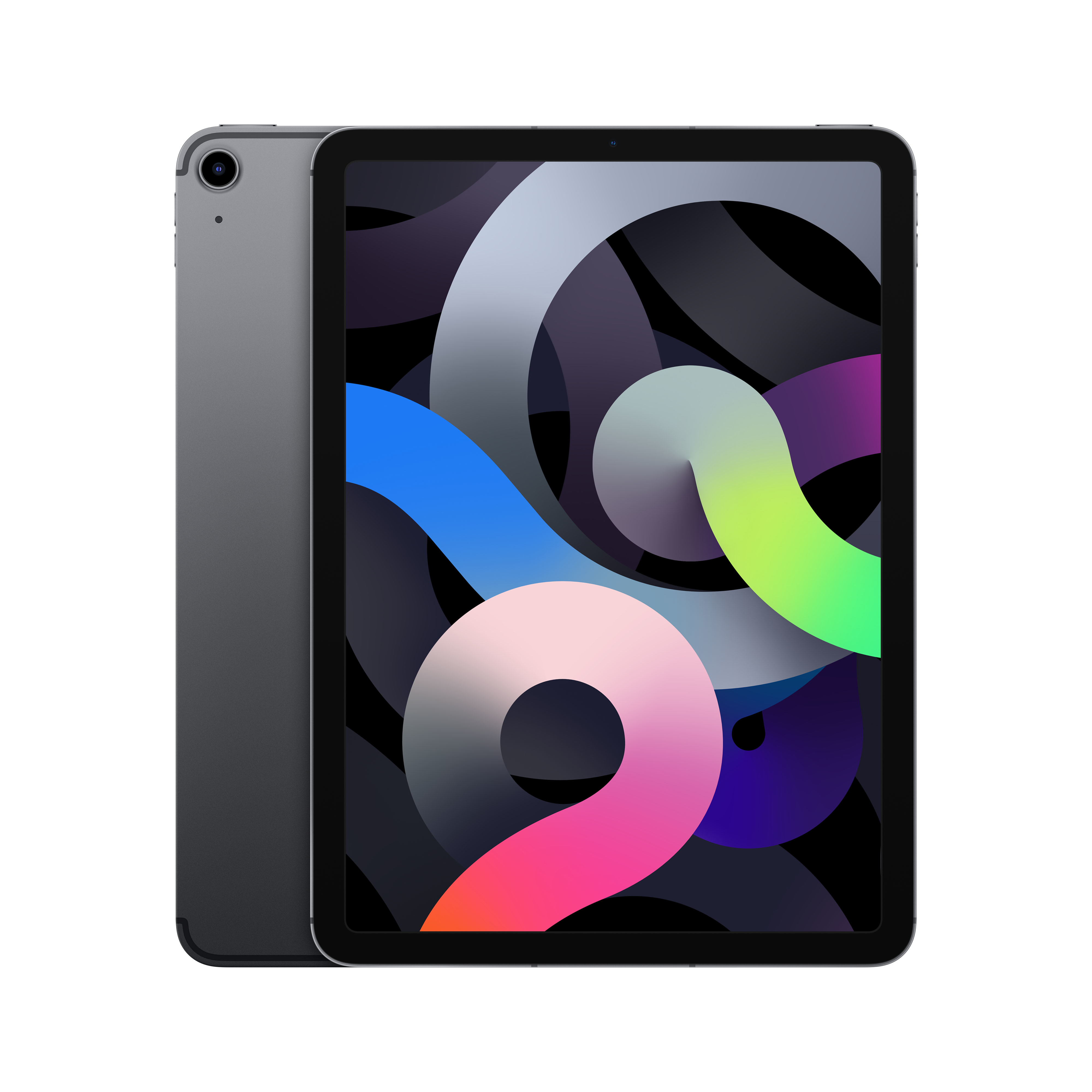 Donkergrijze tablet met een kleurrijk scherm. De achterkant van de tablet is ook zichtbaar.