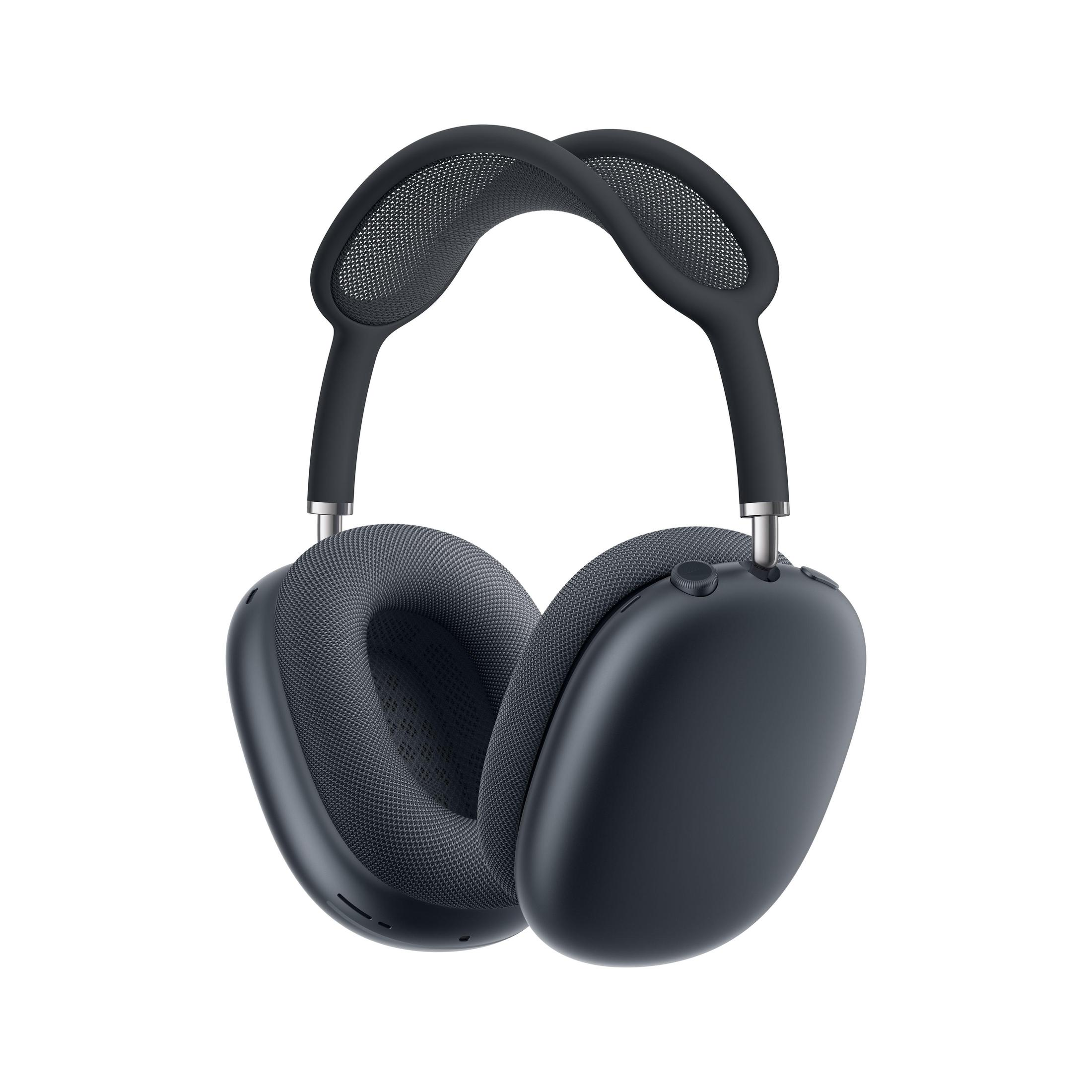 Een paar zwarte Apple AirPods Max-hoofdtelefoons, geïsoleerd op een witte achtergrond.