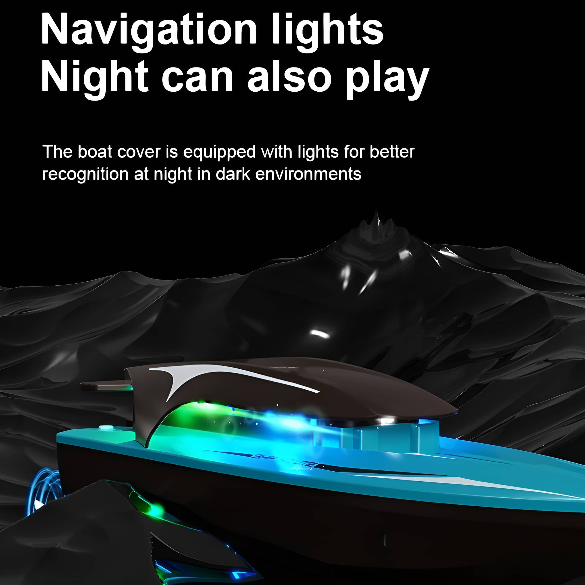 Ein Spielzeugboot mit Navigationslichtern auf schwarzem Hintergrund. Das Boot ist blau und schwarz.