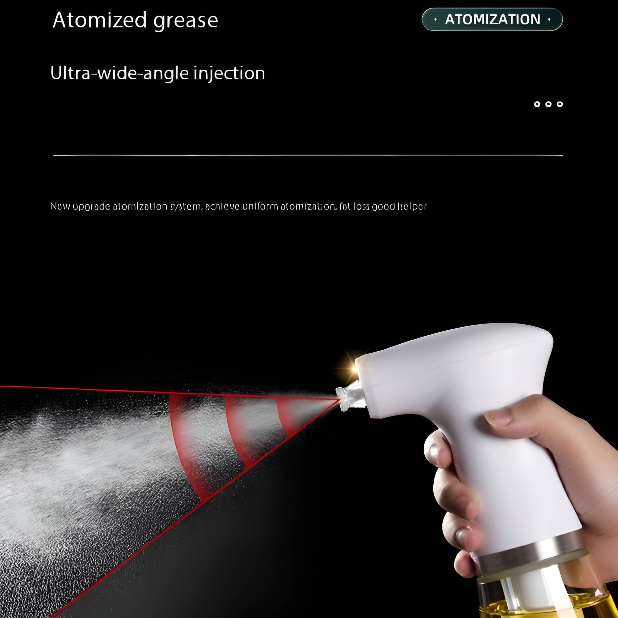 Hand hält eine weiße Sprühflasche, die Öl versprüht. Rote Strahlen projizieren sich aus der Düse. Dunkler Hintergrund.
