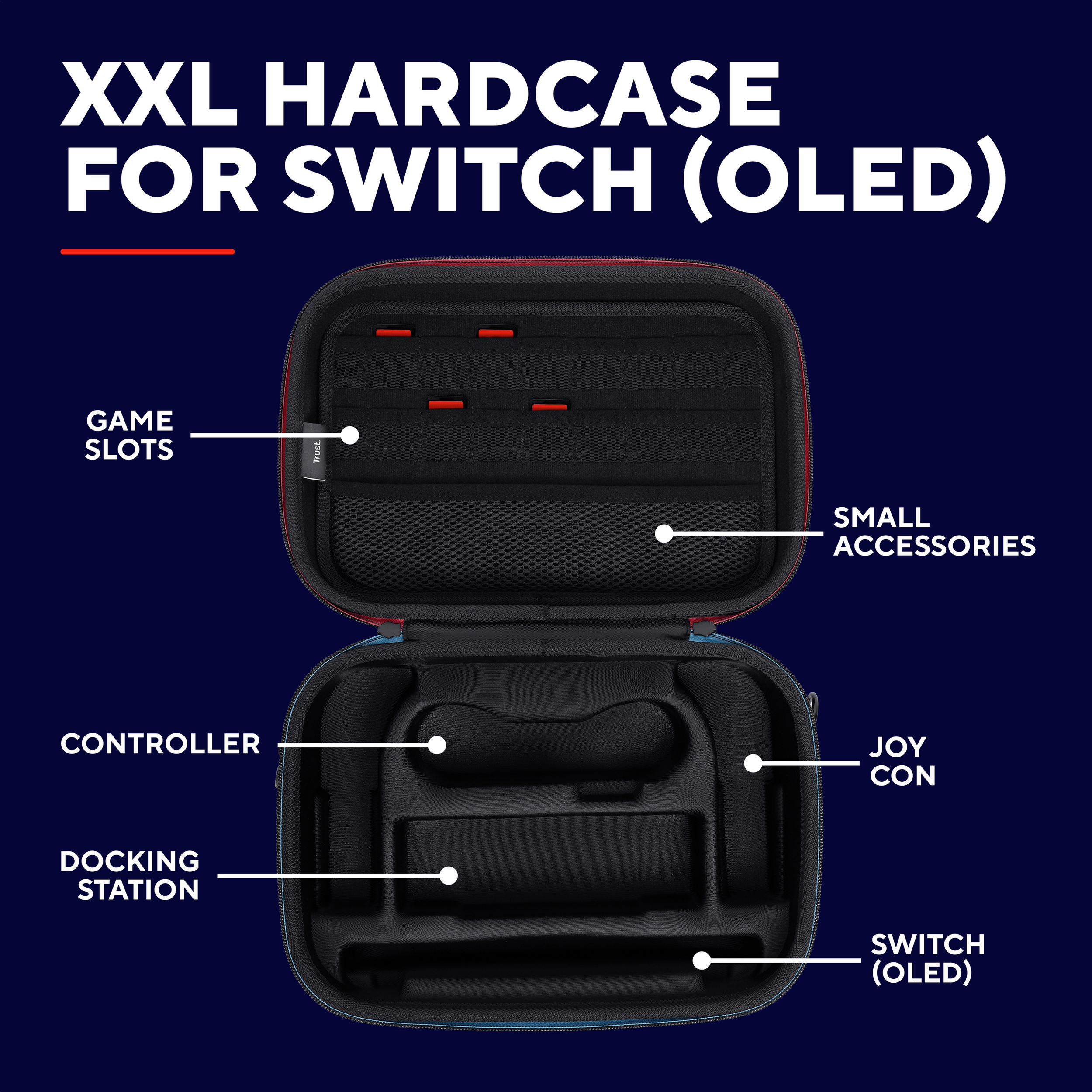 XXL hardcase voor Switch (OLED) open. Het bevat gameslots en ruimte voor accessoires.