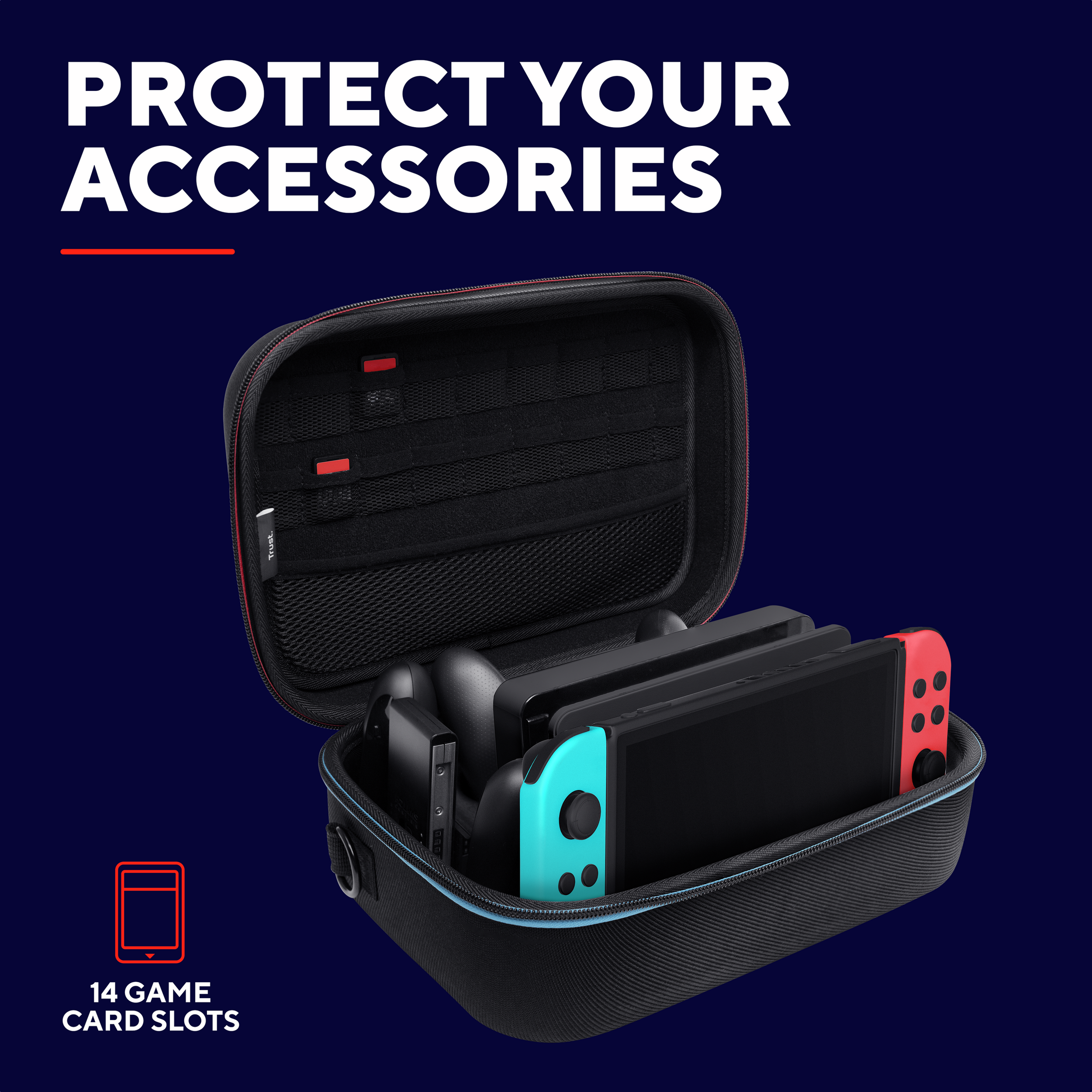 Zwarte case met Switch en controllers, en sleuven voor gamekaarten.