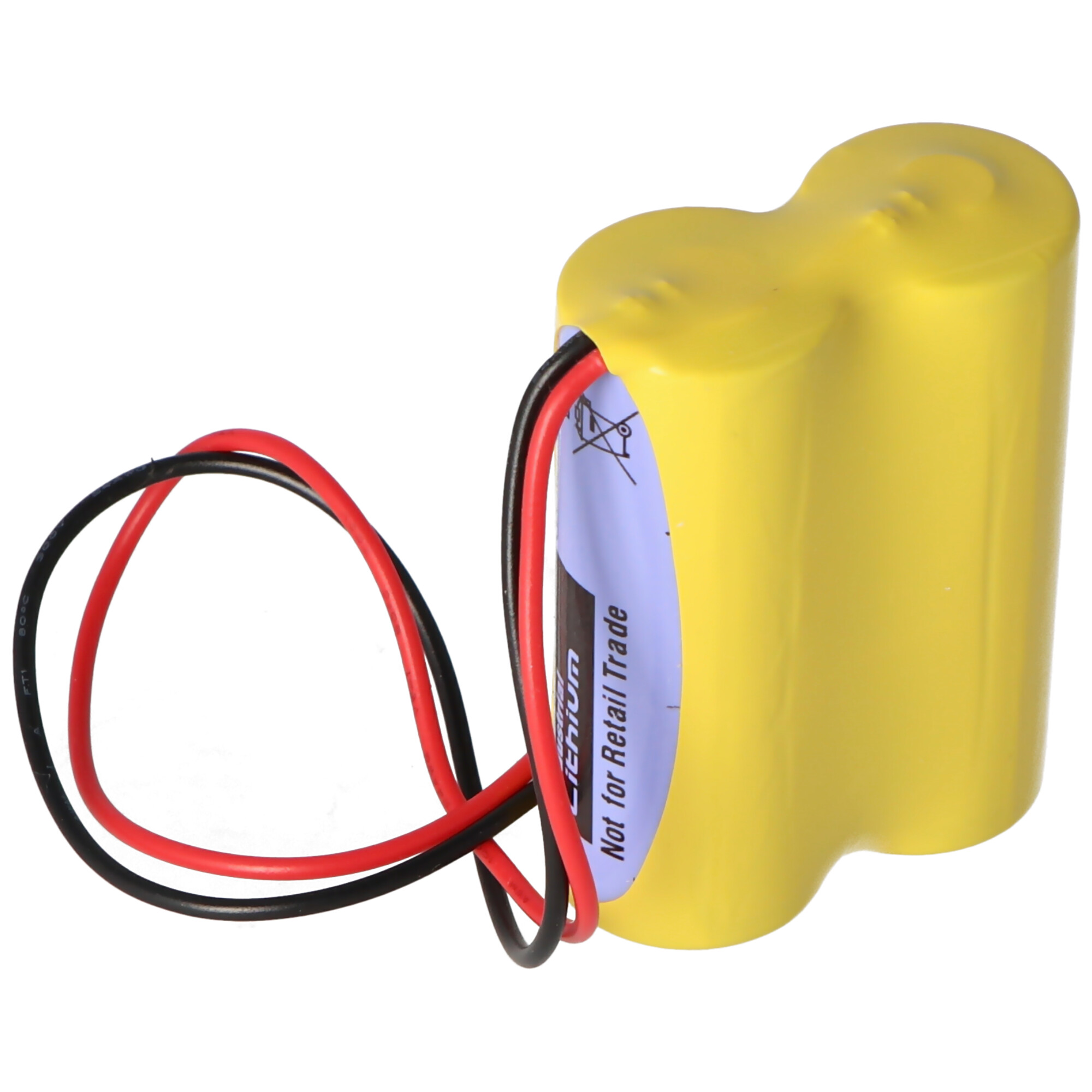 Gelbe zylindrische Batterie mit roten und schwarzen Drähten und einem blauen Etikett.