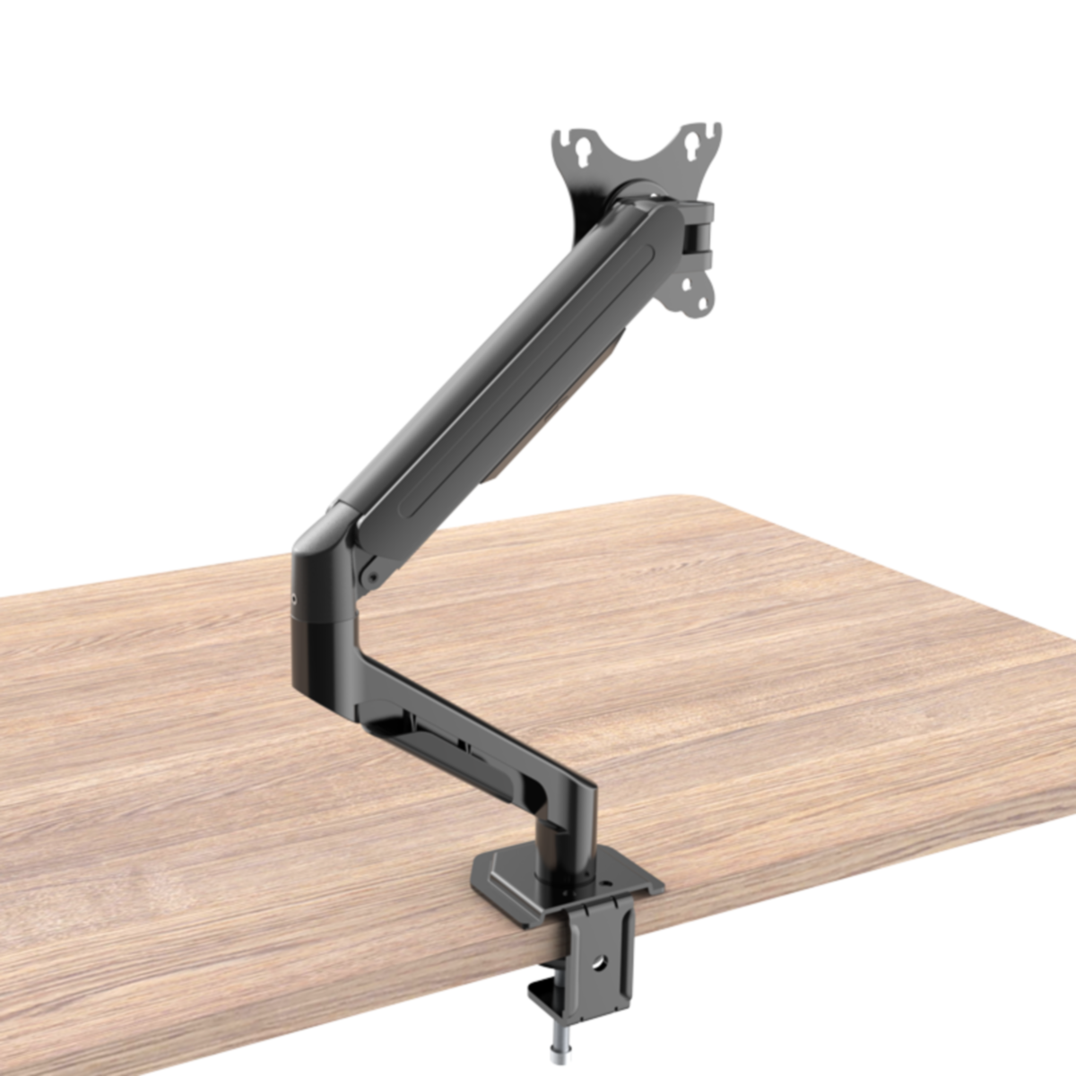 Bras de moniteur noir monté sur un bureau en bois.