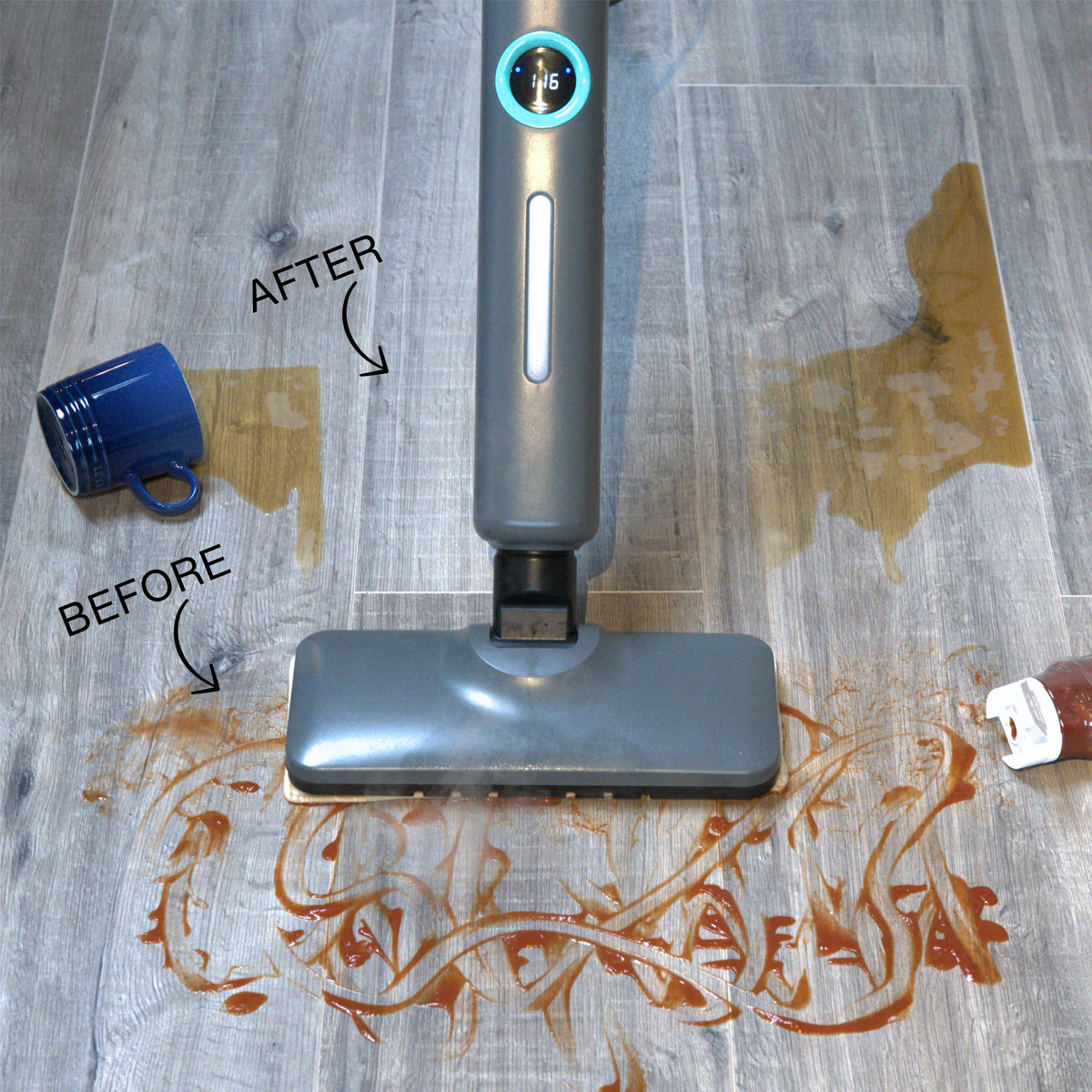 Bodenreinigungsvergleich: Vorher und nachher mit einer Reinigungsmaschine.