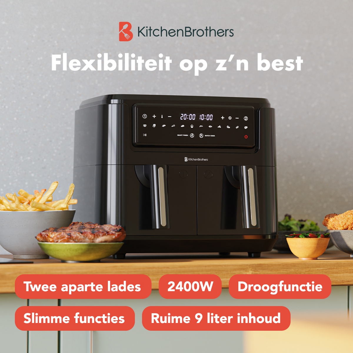 Black air fryer with food and text: Flexibility at its best. Wooden surface.