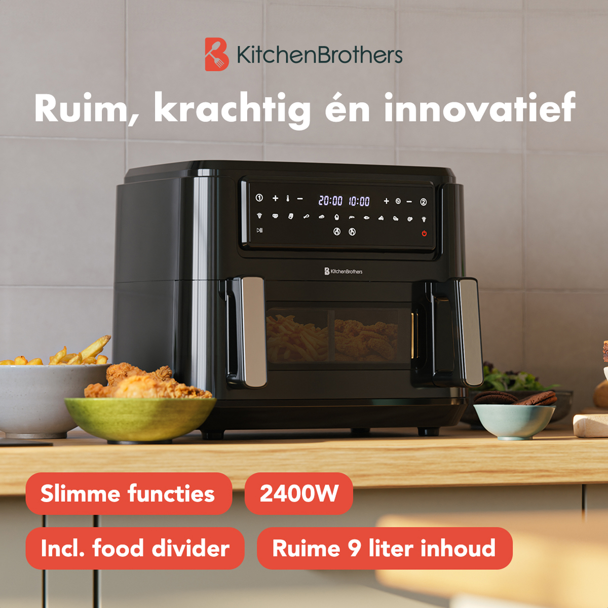 Black air fryer with food inside and on the side, with text: 'Ruim, Krachtig én innovatief'.