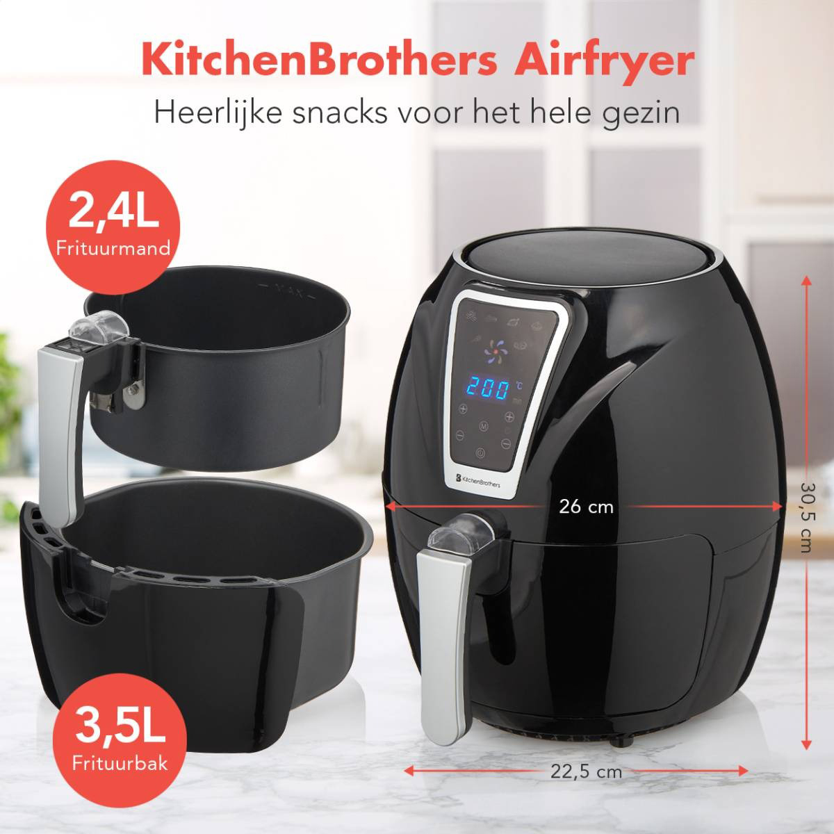 Zwarte airfryer met 2 containers ernaast, met afmetingen en tekst erop.